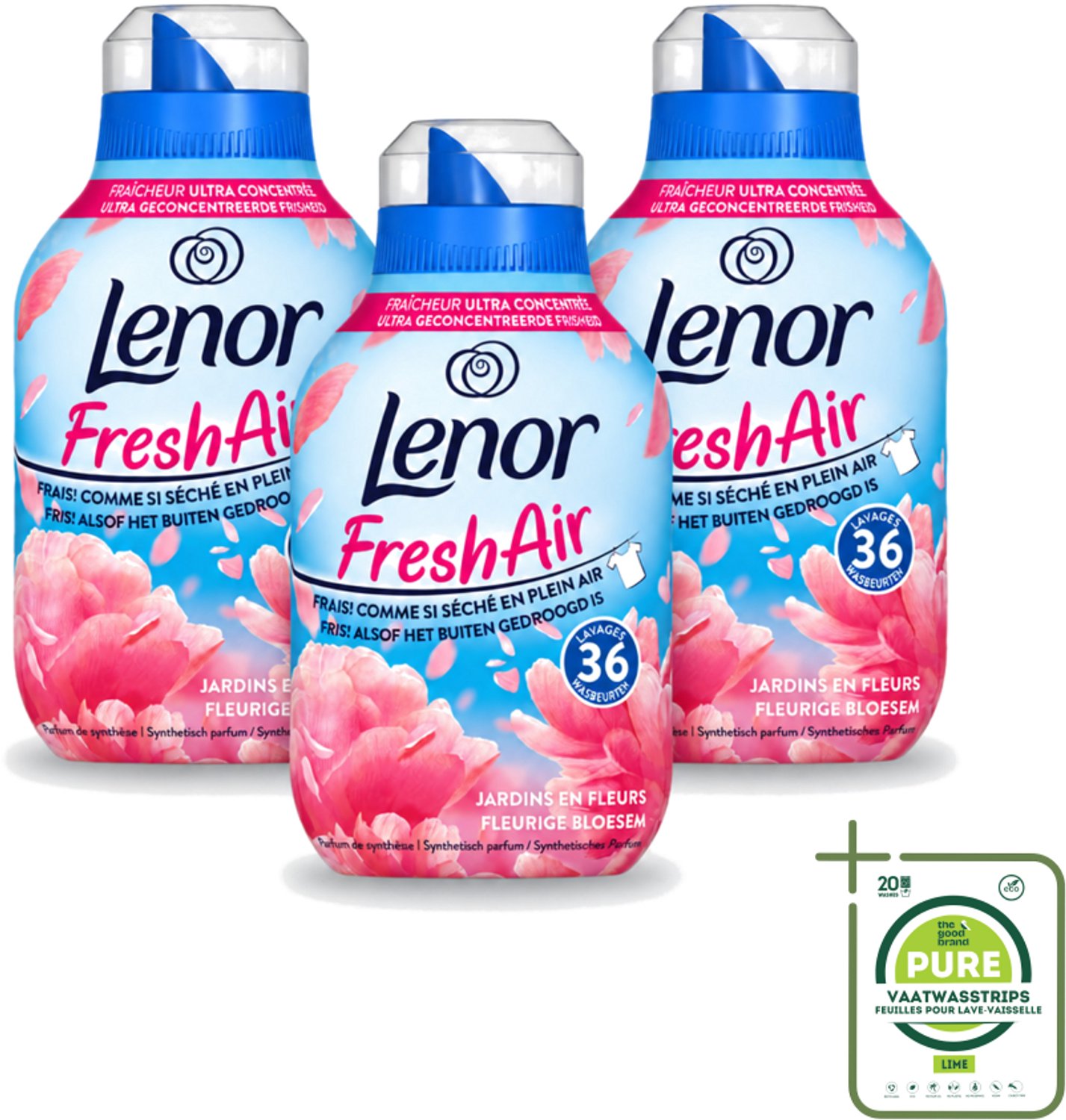3 x Lenor - Wasverzachter - Fresh Air - Fleurige Bloesem - 36 Wasbeurten - Grootverpakking - Vaatwasstrips - Wasverzachter - Frisheid - Buiten Gedroogd Was - Bloemige Geur - Wasgoed