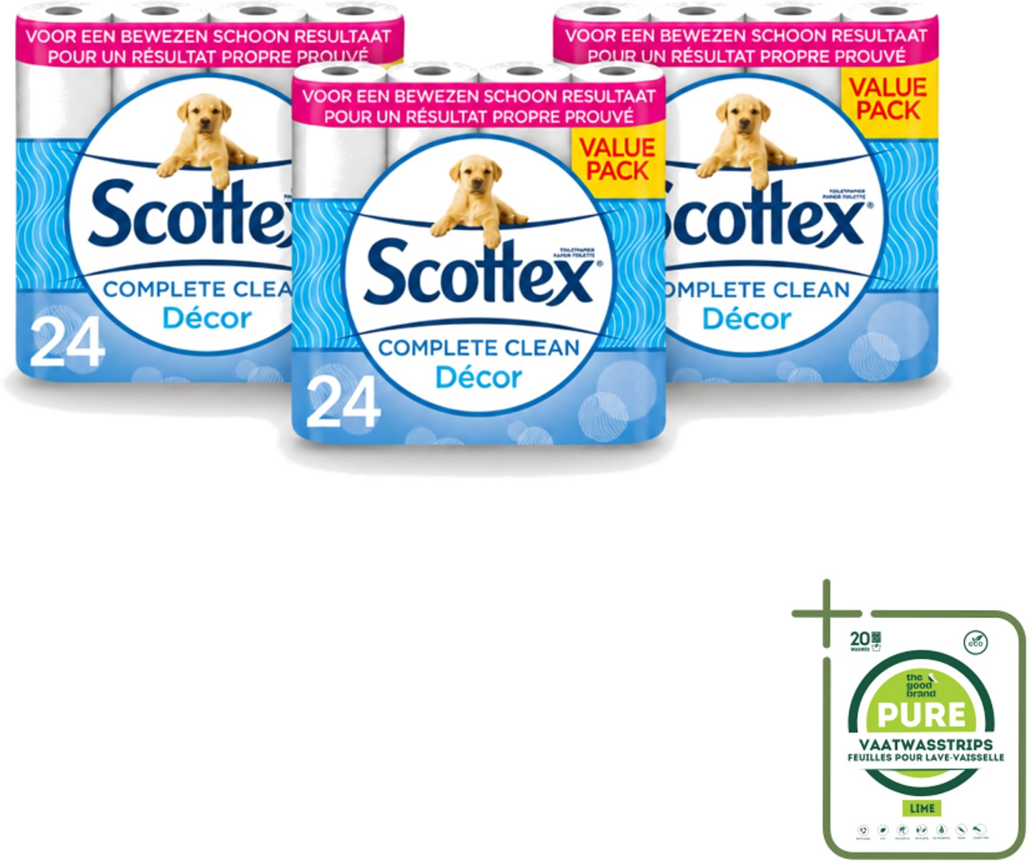 3 x Scottex - Toiletpapier - 2-laags - 24 Rollen - Grootverpakking - Vaatwasstrips - Toiletpapier - 2-laags - 24 Rollen - Zachtheid - Kracht