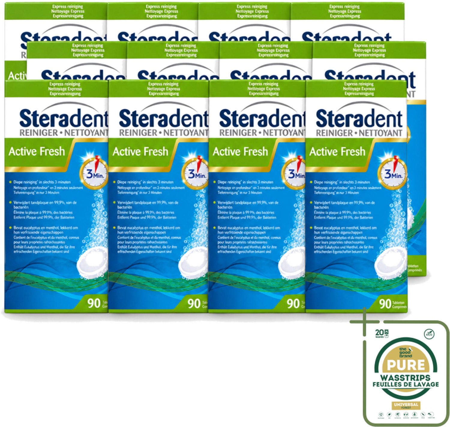 12 x Steradent - Kunstgebitreiniger - Active Fresh - Menthol En Eucalyptus - 90 Tabletten - Wasstrips - Kunstgebit Reinigen - Kunstgebit Reiniging - Kunstgebit Reiniging Tabletten - Kunstgebit Frisheid - Kunstgebit Geur