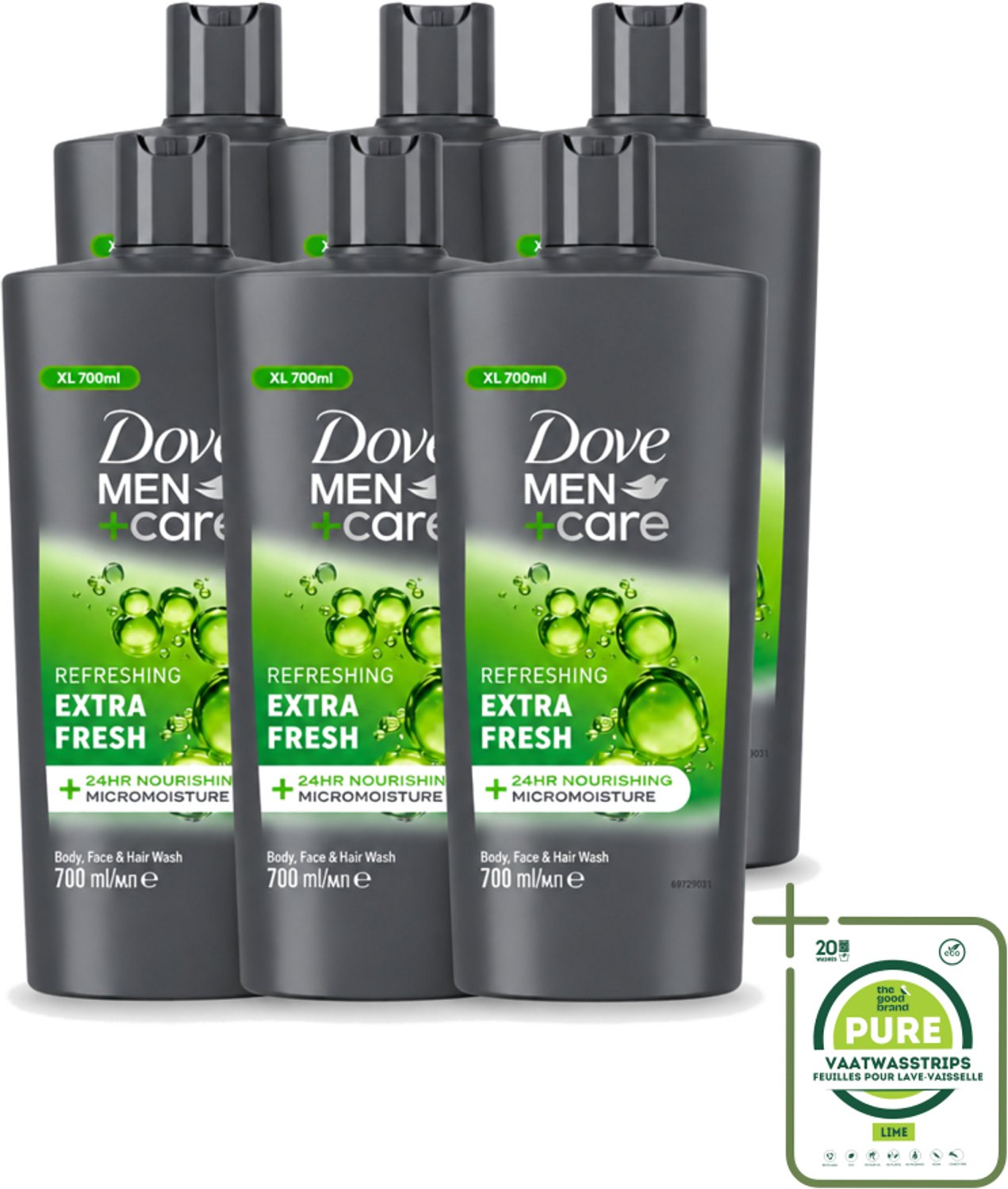 6 x Dove Men+Care - Extra Fresh - Douchegel 3-in-1 - Verzorgend - 700 ml - Grootverpakking - Vaatwasstrips - Douchegel Voor Mannen - Verfrissende Douche - Hydraterende Douche - Gezichtsproduct Voor Mannen - Haarproduct Voor Mannen