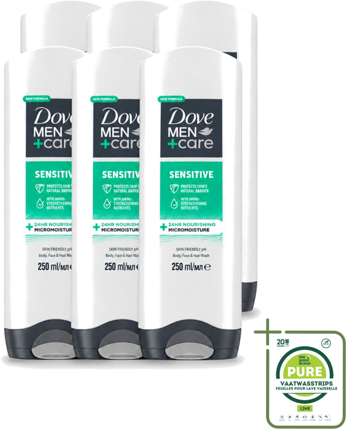 6 x Dove Men+Care - Sensitive - Douchegel 3-in-1 - Verzorgend - 250 ml - Grootverpakking - Vaatwasstrips - Gevoelige Huid - Lichaamsgel - Gezichtsgel - Haarverzorging - Milde Reiniging