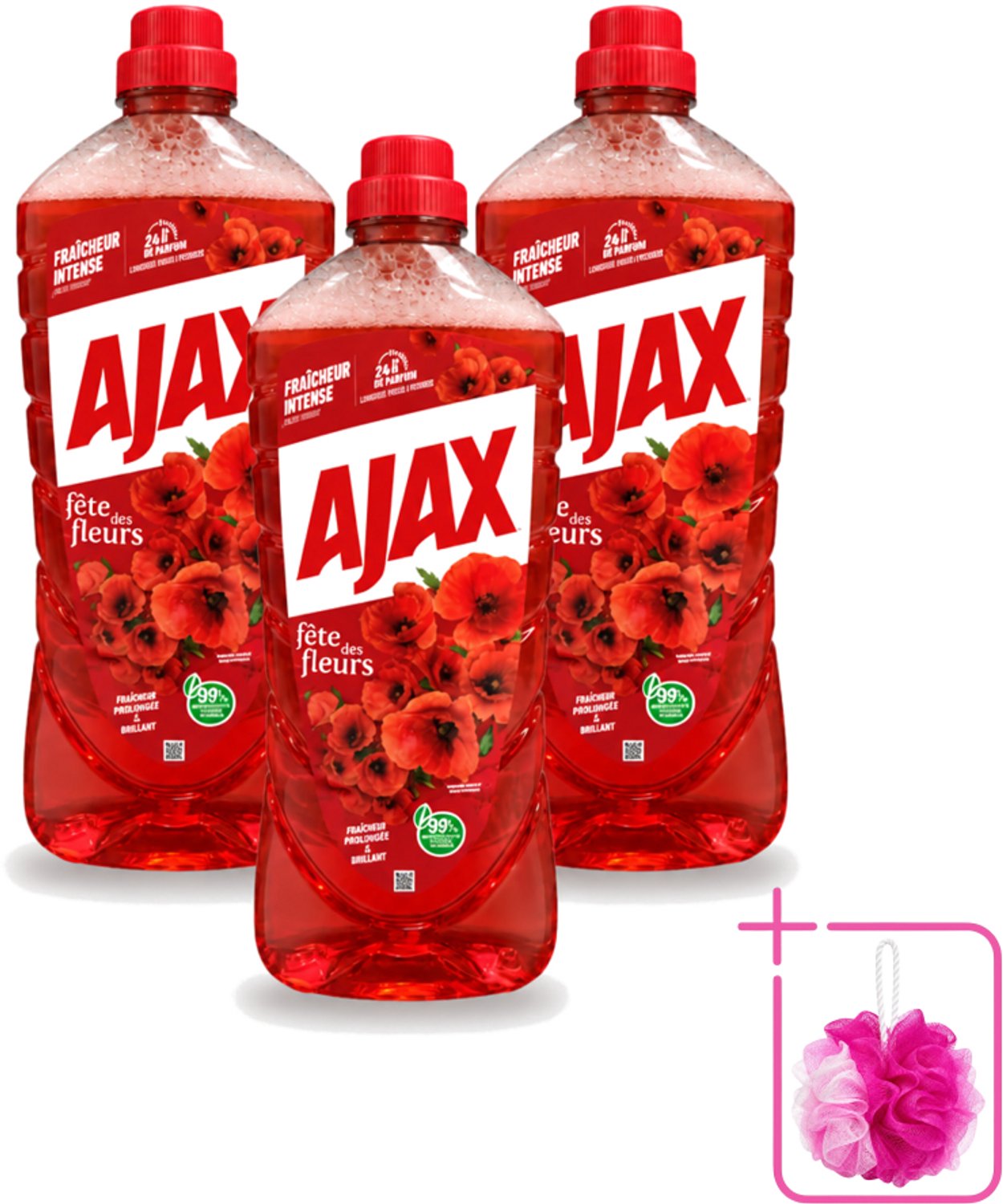 3 x Ajax – Allesreiniger – Rode Bloemen – 1,25 L - Bulkverpakking - Allesreiniger rode bloemen - Douchemop - Reiniger 1.25 l