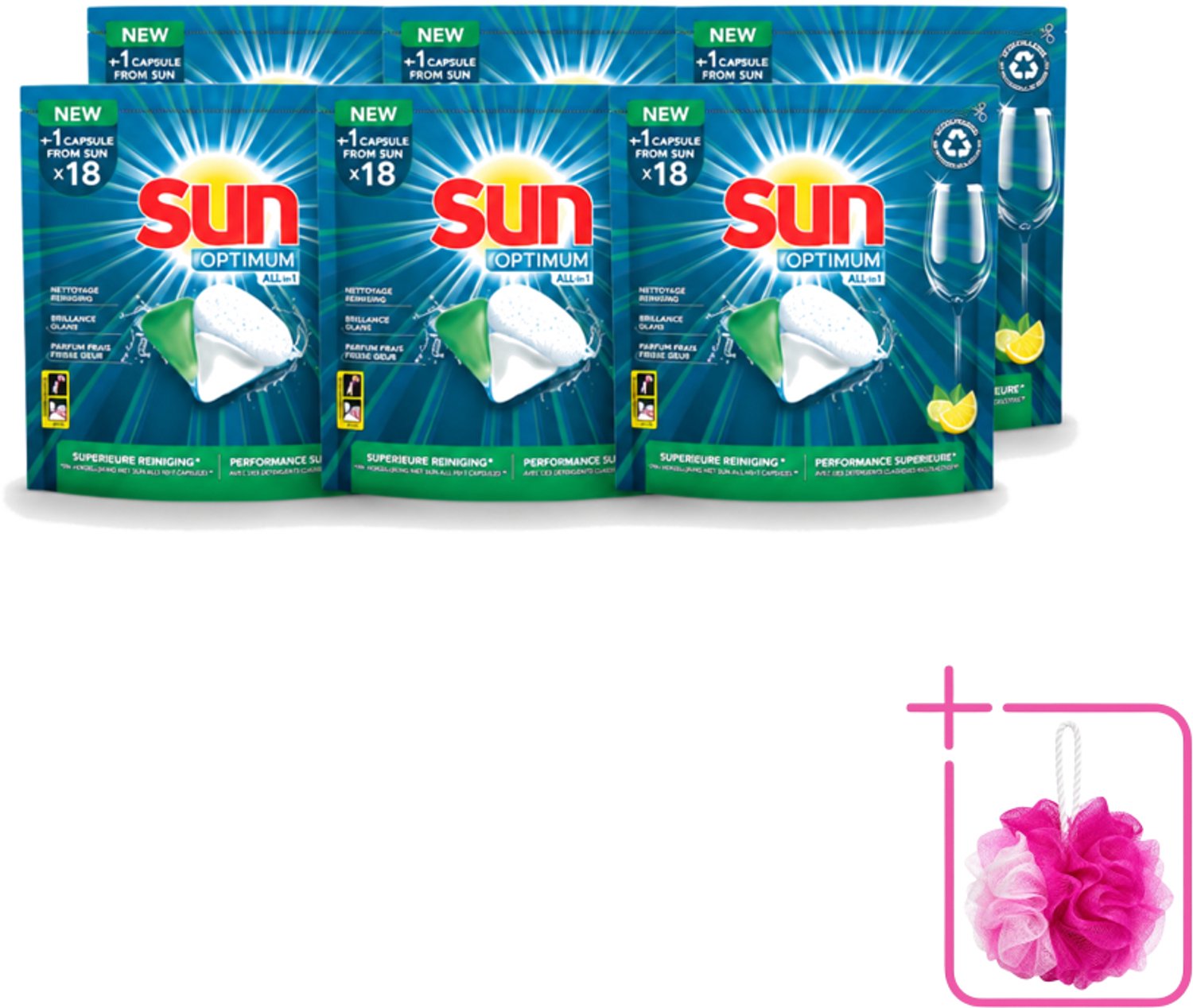 6 x Sun Optimum - All-in-1 - Vaatwasmiddel - Capsules - Citroen - 18 Capsules - Bulkverpakking - Vaatwasmiddel - Douchemop - Vaatwascapsules