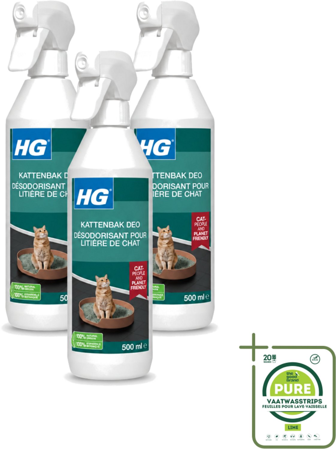 3 x HG - Kattenbak Deo - Neutraliseert Geuren - 100% Biologisch - 500 ml - Grootverpakking - Vaatwasstrips - Kattenbak Deo - Geurneutralisatie - Kattenbak Geuren - Geurverwijderaar - Kattenbak Reinigen