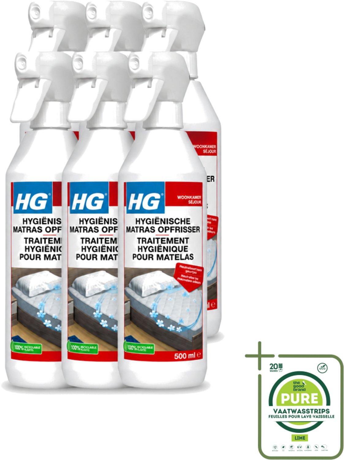 6 x HG - Hygiënische Matras Opfrisser - Werkt Na 30 Minuten - Neutraliseert Nare Geurtjes - 500 ml - Grootverpakking - Vaatwasstrips - Matrasopfrisser - Hygiëne - Geur Verwijderen - Matras Reinigen - Enzymen