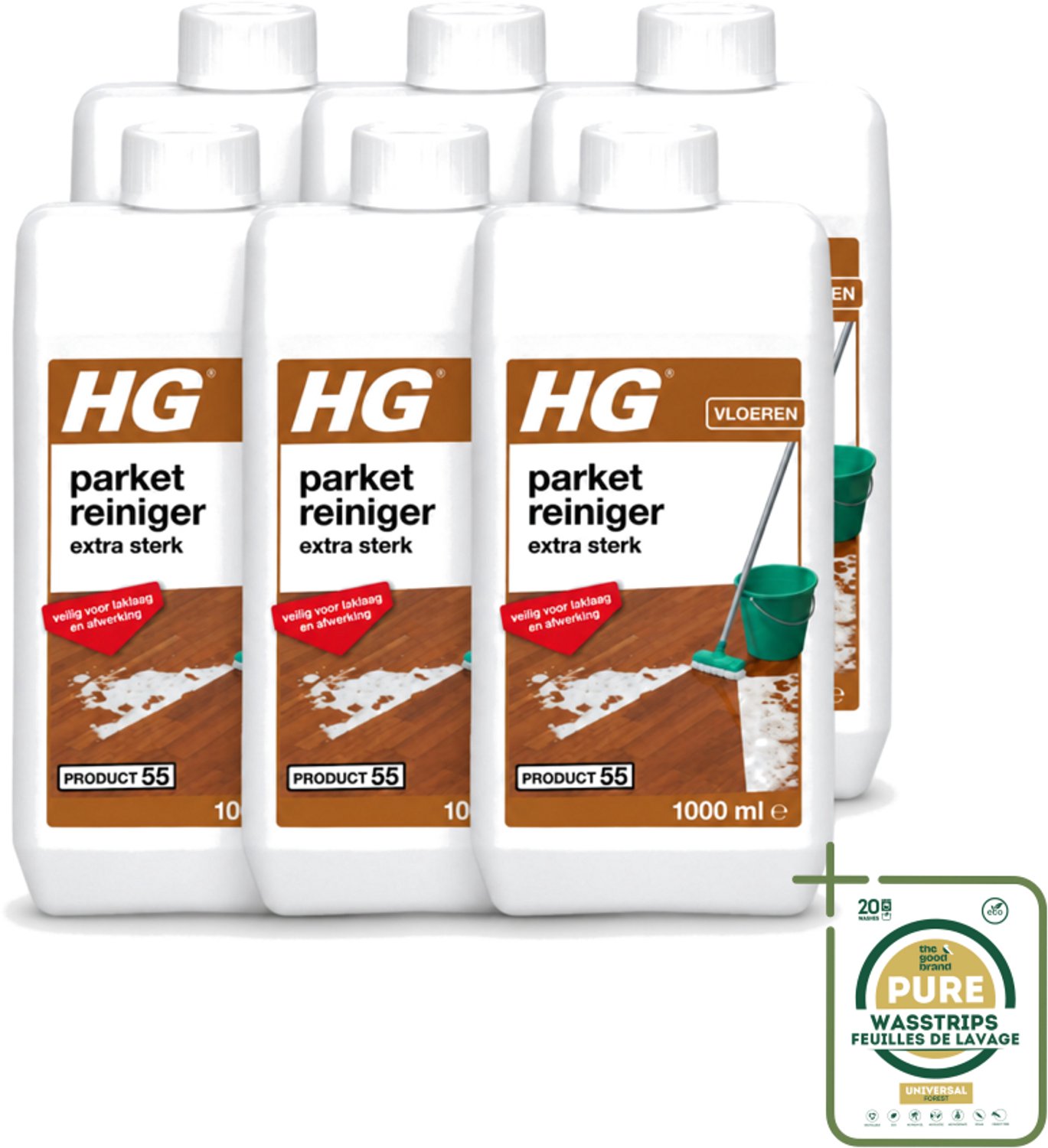 6 x HG - Parketreiniger - Extra Sterk - Veilig Voor Laklaag - 1L - Wasstrips - Parket Reinigen - Laklaag Reinigen - Hardnekkig Vuil Verwijderen - Parketvet Verwijderen - Parket Reiniger