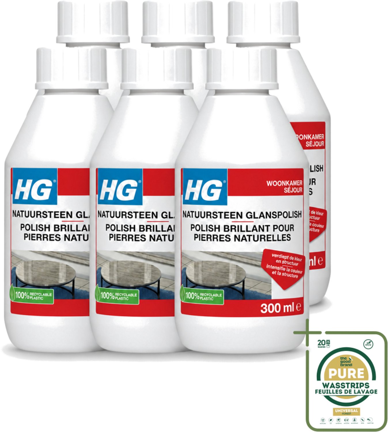 6 x HG - Natuursteen Glans Polish - Kleur & Structuur Verdiepend - 300 ml - Wasstrips - Natuursteen Polish - Glanspolish - Natuursteen Onderhoud - Steen Reinigen - Steen Beschermen