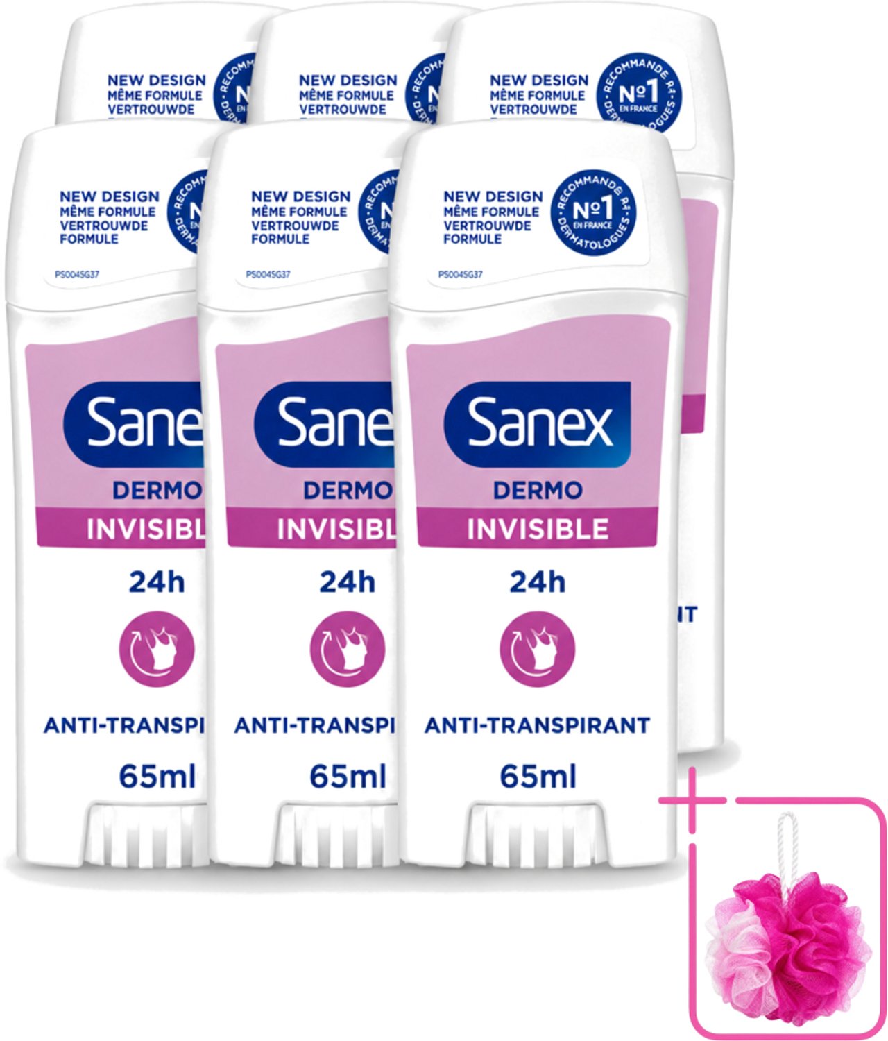 6 x Sanex – Deodorant Stick – Dermo Invisible – 65 ml - Bulkverpakking - Onzezichtbare deodorantstick - Douchemop - Deodorantstick