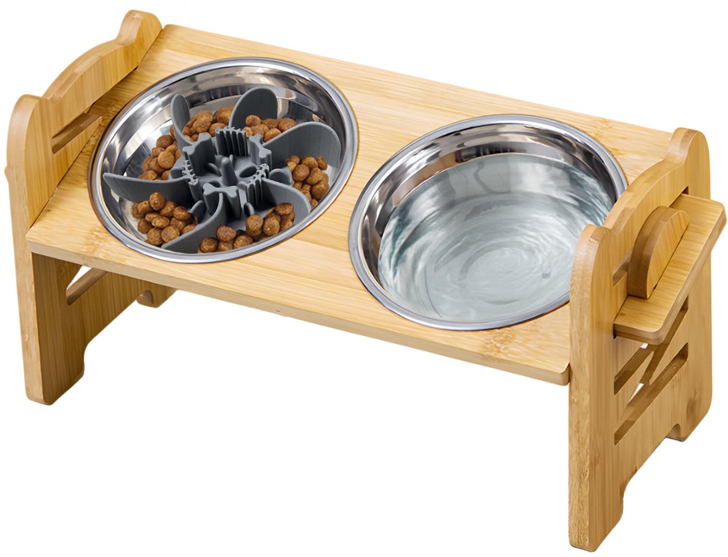 Voerbak voor honden en katten - bamboe, verstelbaar - antislip, roestvrijstaal - gewrichtsvriendelijk gebruik - ShopVlot