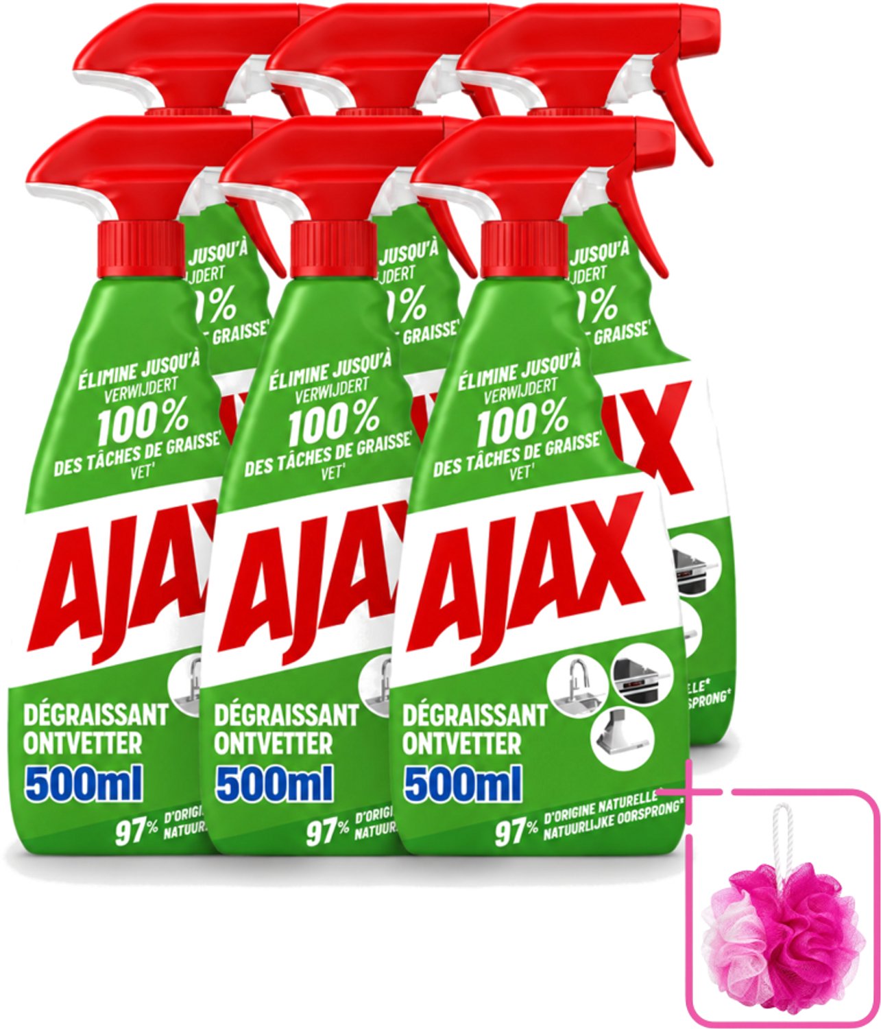 6 x Ajax – Ontvetter Spray – 500 ml - Bulkverpakking - Ajax ontvetter - Douchemop - Ontvetter spray 500 ml
