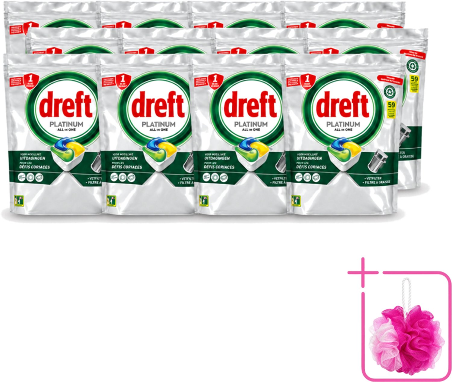 12 x Dreft – Vaatwastabletten – All-in-One Platinum – Lemon – 59 Tabletten - Bulkverpakking - Vaatwastabletten - Douchemop - Vaatwasser