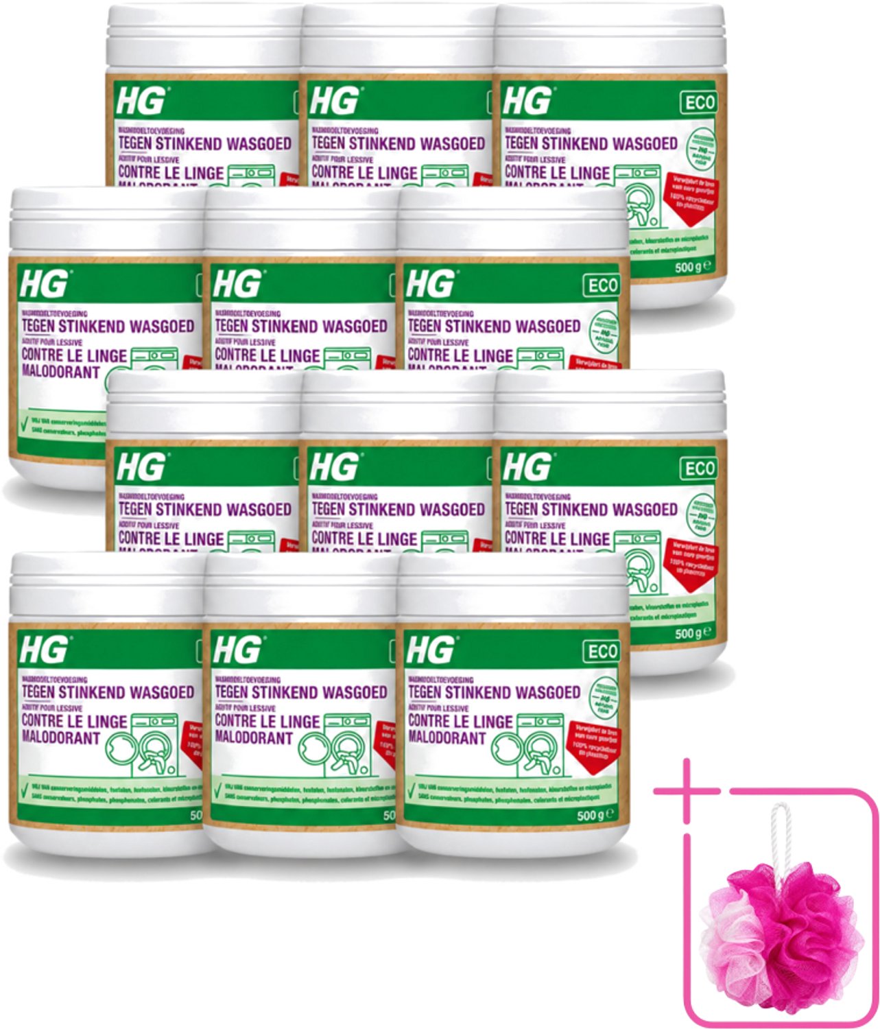 12 x HG ECO - Wasmiddeltoevoeging Tegen Stinkend Wasgoed - Effectieve Formule - 16 Wasbeurten - 500 g - Bulkverpakking - Wasmiddel - Douchemop - Stankmoleculen