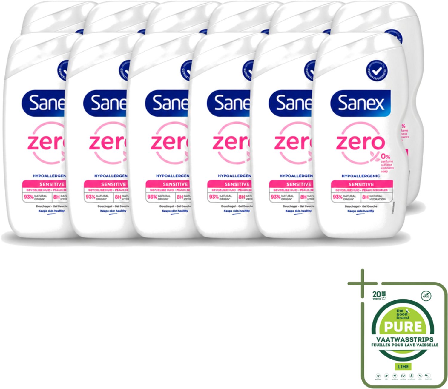 12 x Sanex Zero% - Douchegel - Gevoelige Huid - 0% Parfumsulfaten - Hypoallergeen - 400 ml - Grootverpakking - Vaatwasstrips - Gevoelige Huid - Hypoallergene Douchegel - 0% Parfum - 0% Sulfaten - Milde Reiniging