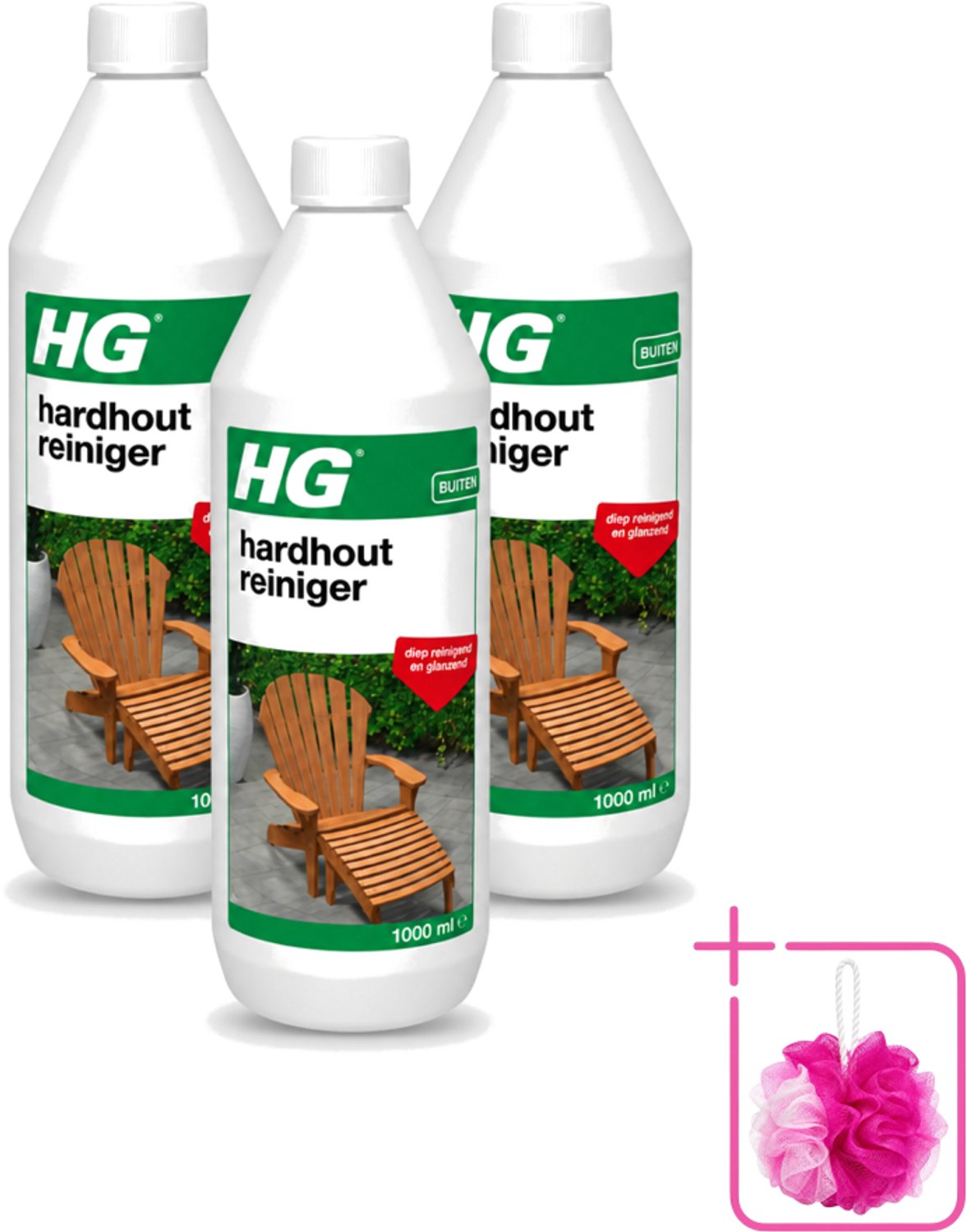 3 x HG - Buiten - Hardhout Reiniger - Diep Reinigend - 1L - Bulkverpakking - Hardhout reinigen - Douchemop - Tuinmeubel reinigen