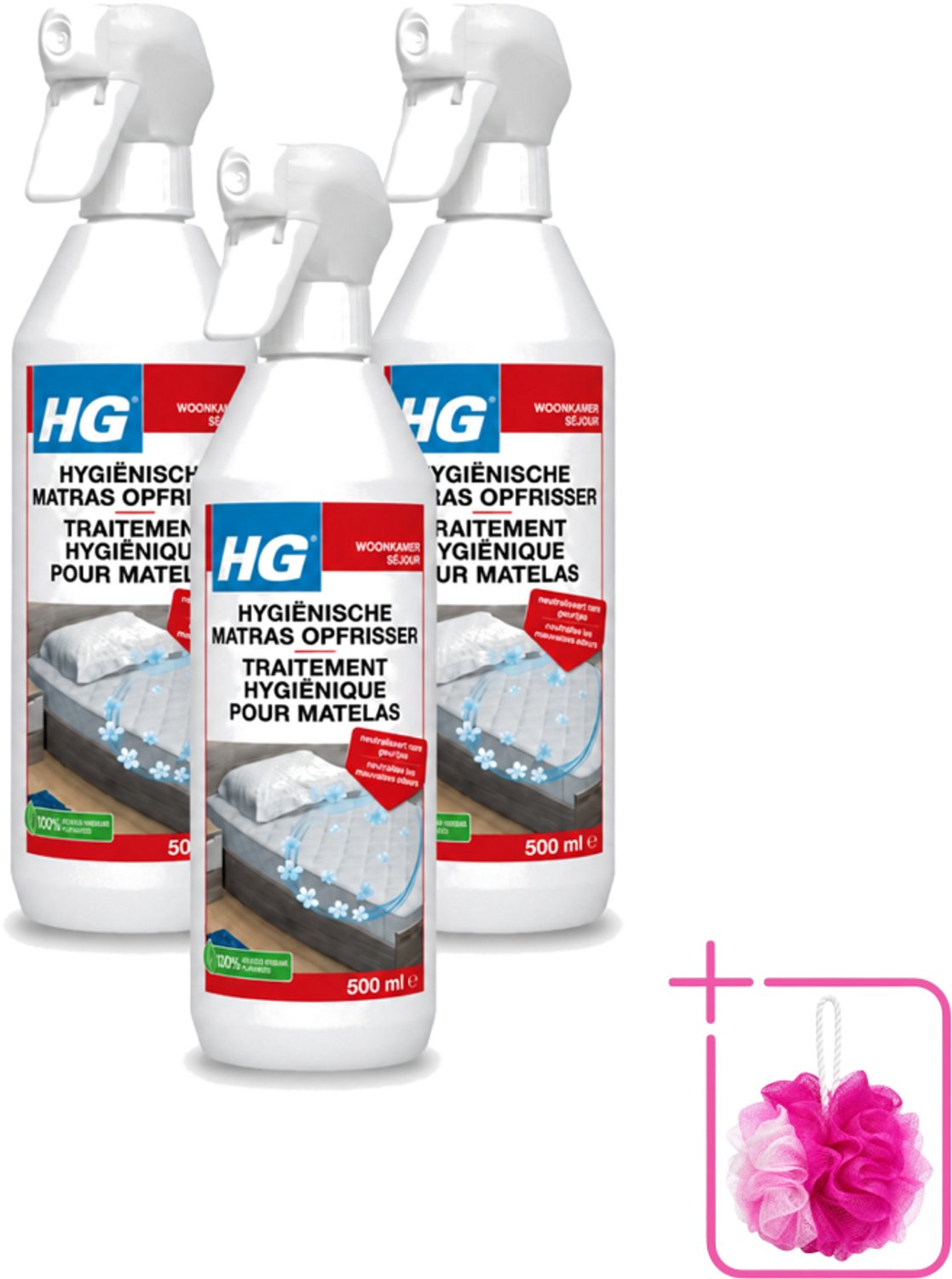 3 x HG - Hygiënische Matras Opfrisser - Werkt Na 30 Minuten - Neutraliseert Nare Geurtjes - 500 ml - Bulkverpakking - Matrasopfrisser - Douchemop - Hygiëne