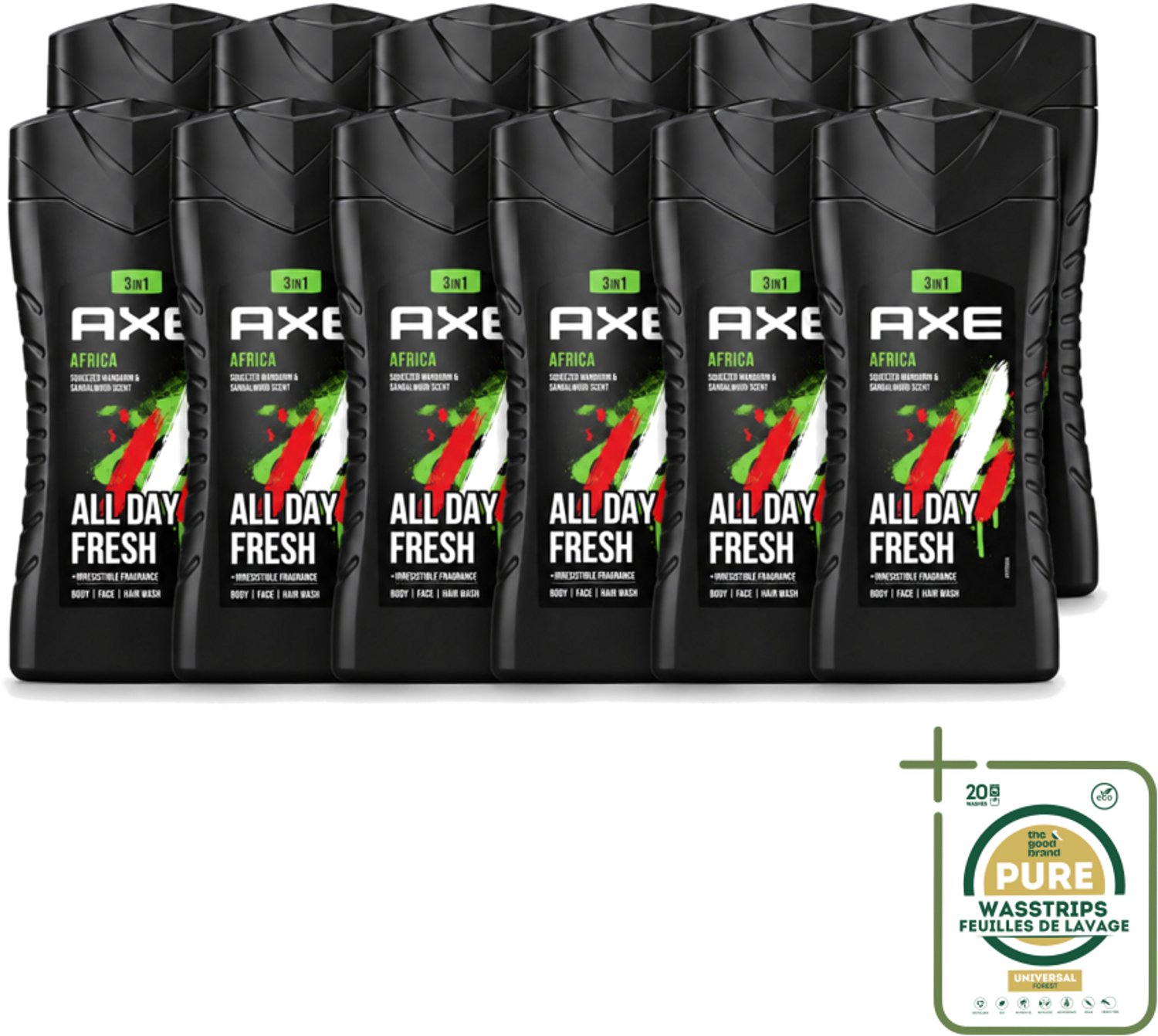 12 x Axe - 3-in-1 Douchegel - Africa - Squeezed Mandarin & Sandalwood - 12hrs Long Lasting Scent - 250 ml - Wasstrips - Douchegel - Geur Mandarijn En Sandelhout - 3-in-1 - Lichaam - Gezicht