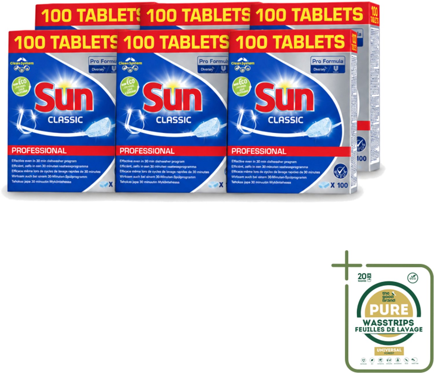 6 x Sun Classic - Pro Formula - Vaatwastabletten - 100 Tabletten - Wasstrips - Vaatwastabletten - Vaatwasser - Reiniging - Vlekken Verwijderen - Kalkaanslag