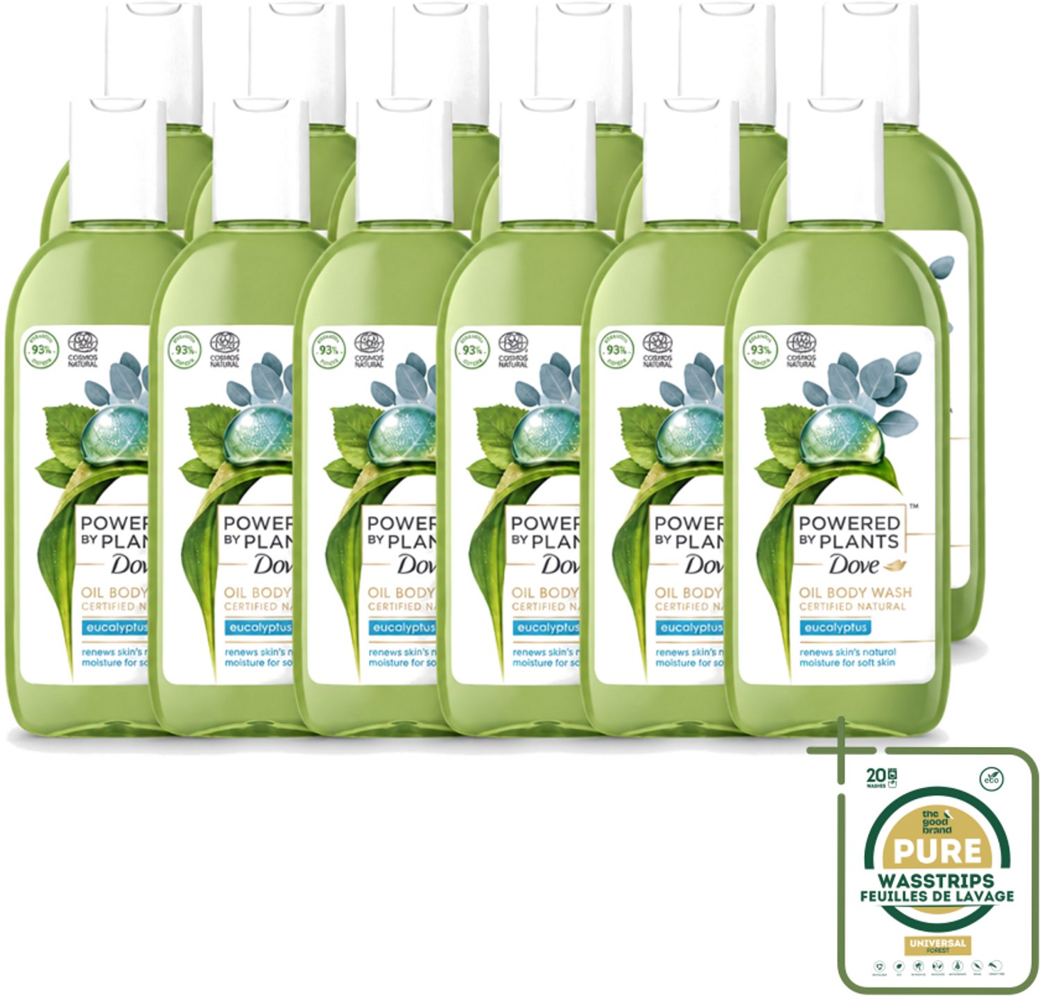 12 x Dove Powered by Plants - Oil Body Wash - Eucalyptus - 250 ml - Wasstrips - Natuurlijke Verzorging - Eucalyptus - Olie - Lichaamsschoonmaak - Hydraterende Douche