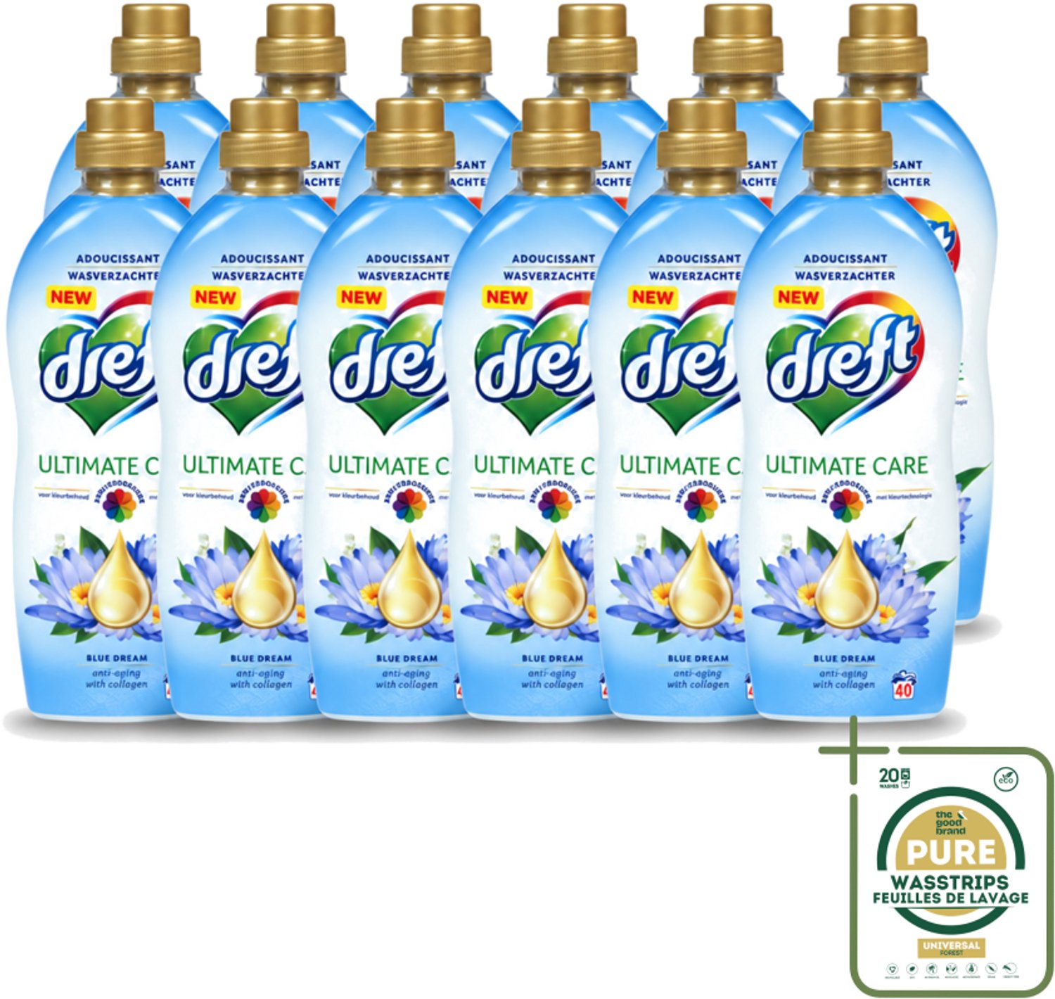 12 x Dreft - Wasverzachter - Gekleurde Was - Blauwe Droom - Anti-Veroudering - 40 Wasbeurten - Wasstrips - Wasverzachter - Anti-aging - Kleurbescherming - Wasgoed - Kleding Verzorging
