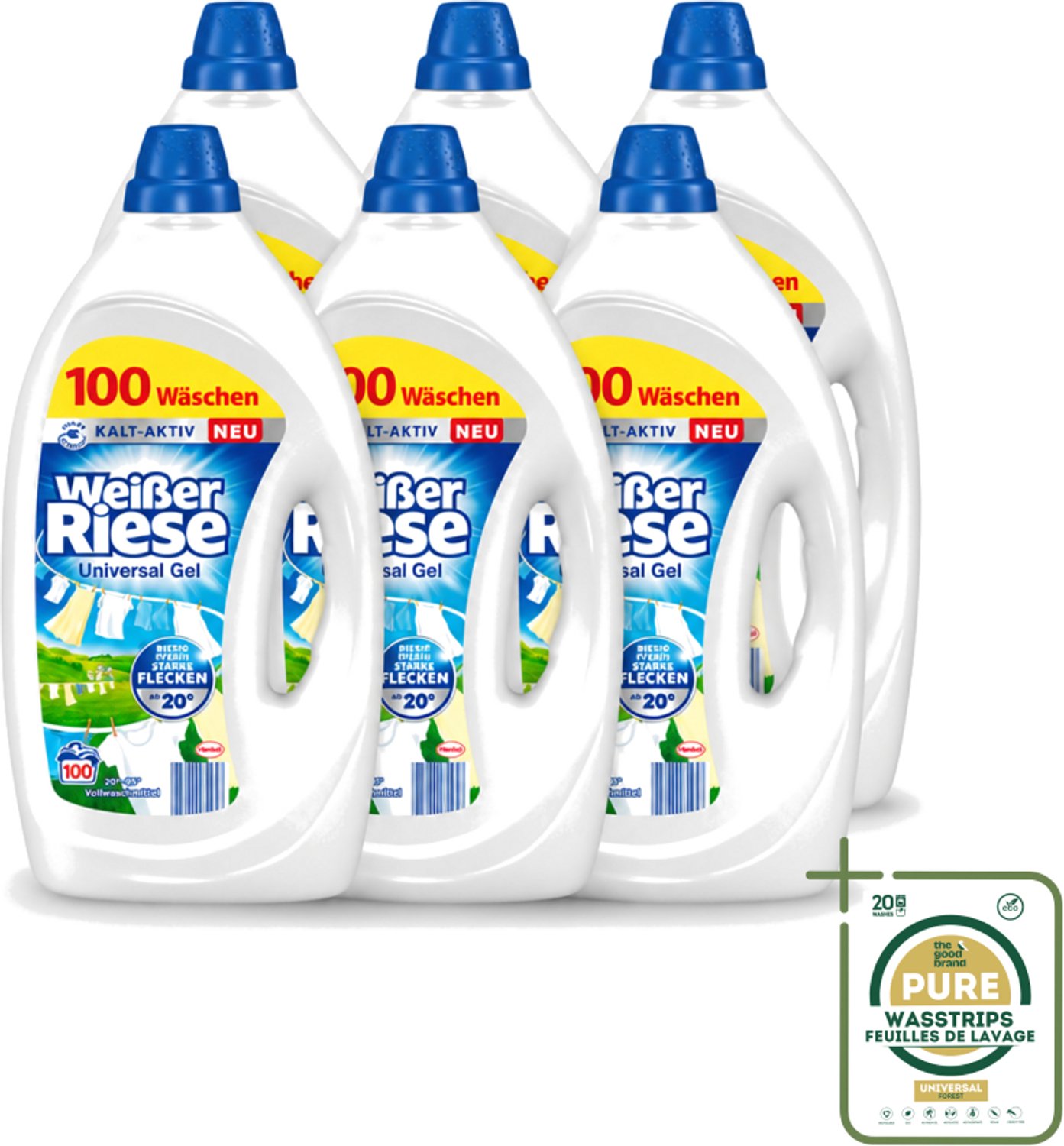 6 x Weißer Riese - Wasmiddel - Gel - Witte Was - 4.5L - 100 Wasbeurten - Wasstrips - Wasmiddel Gel - Witte Was - Reiniging - Vlekken Verwijderen - Wasbeurten