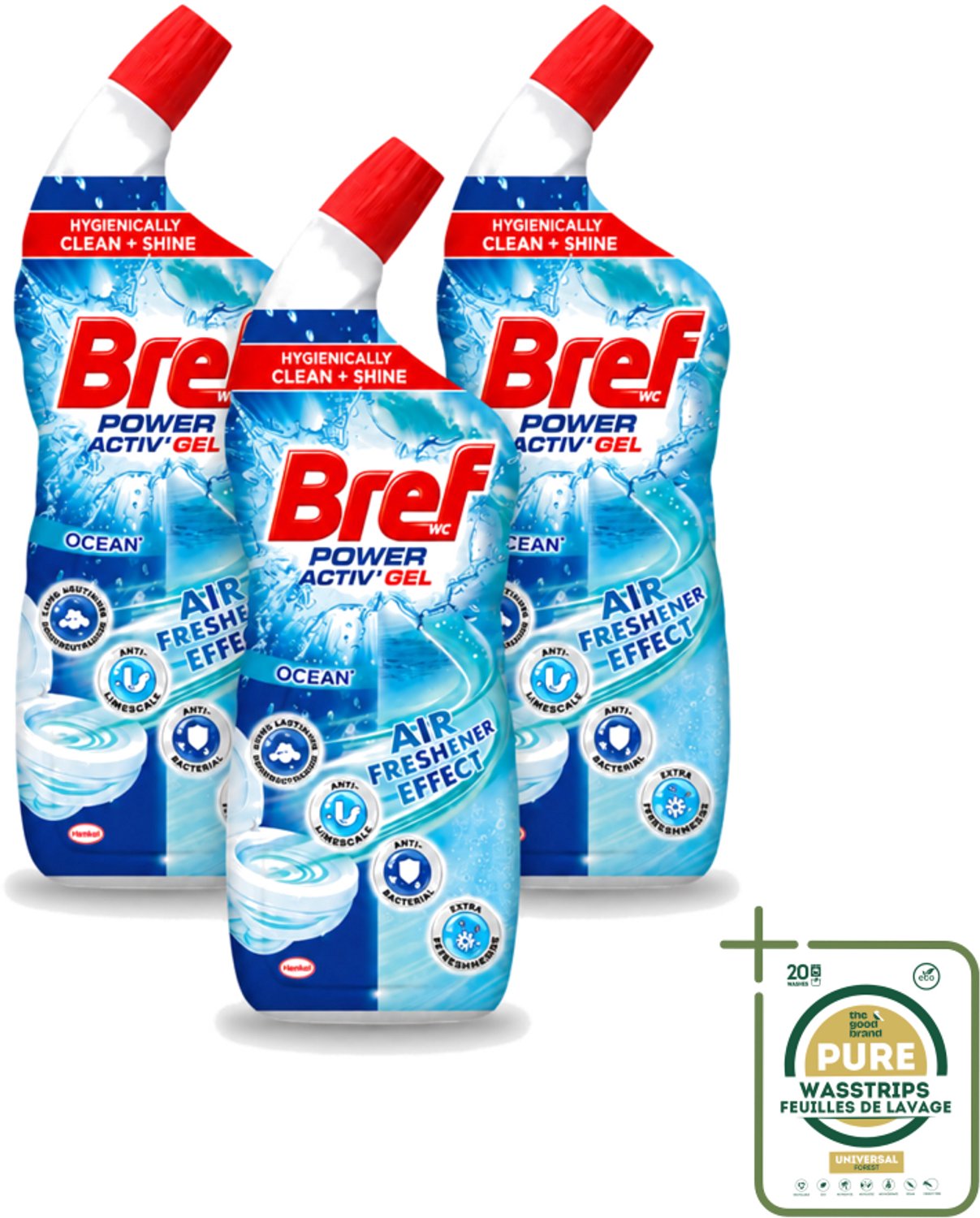 3 x Bref WC - Power Activ+ - Toiletreiniger - Anti-Kalk - Oceaan - 700 ml - Wasstrips - Toiletreiniger - Hygiëne - Glans - Reiniging - Kalk