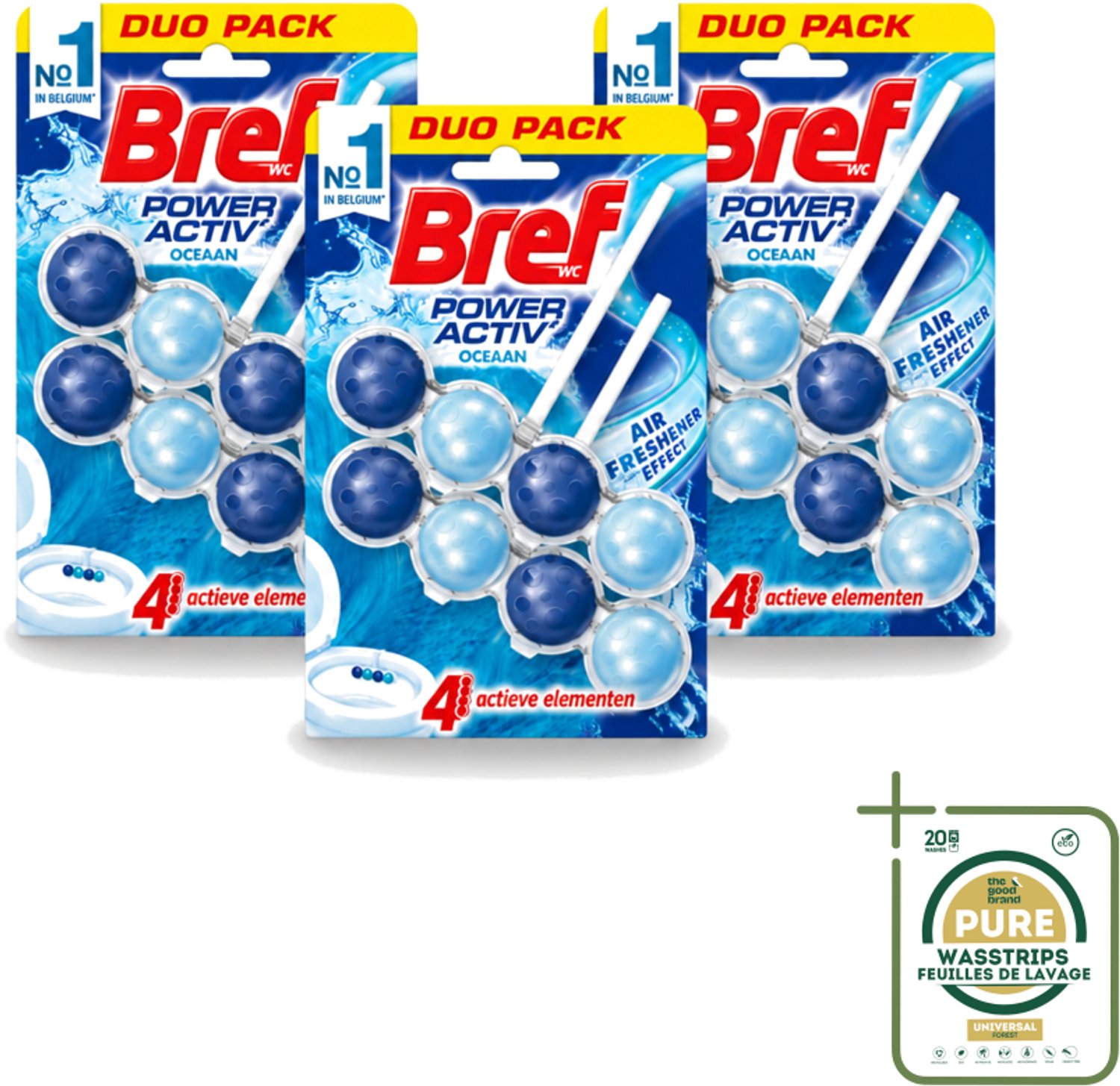 3 x Bref WC - Power Activ+ - Toiletblok - Oceaan - 2 Blokken - Wasstrips - Toilet Reinigen - Toilet Schoon Houden - Toilet Reinigingsblok - Oceaan Geur - Anti-kalk Toilet