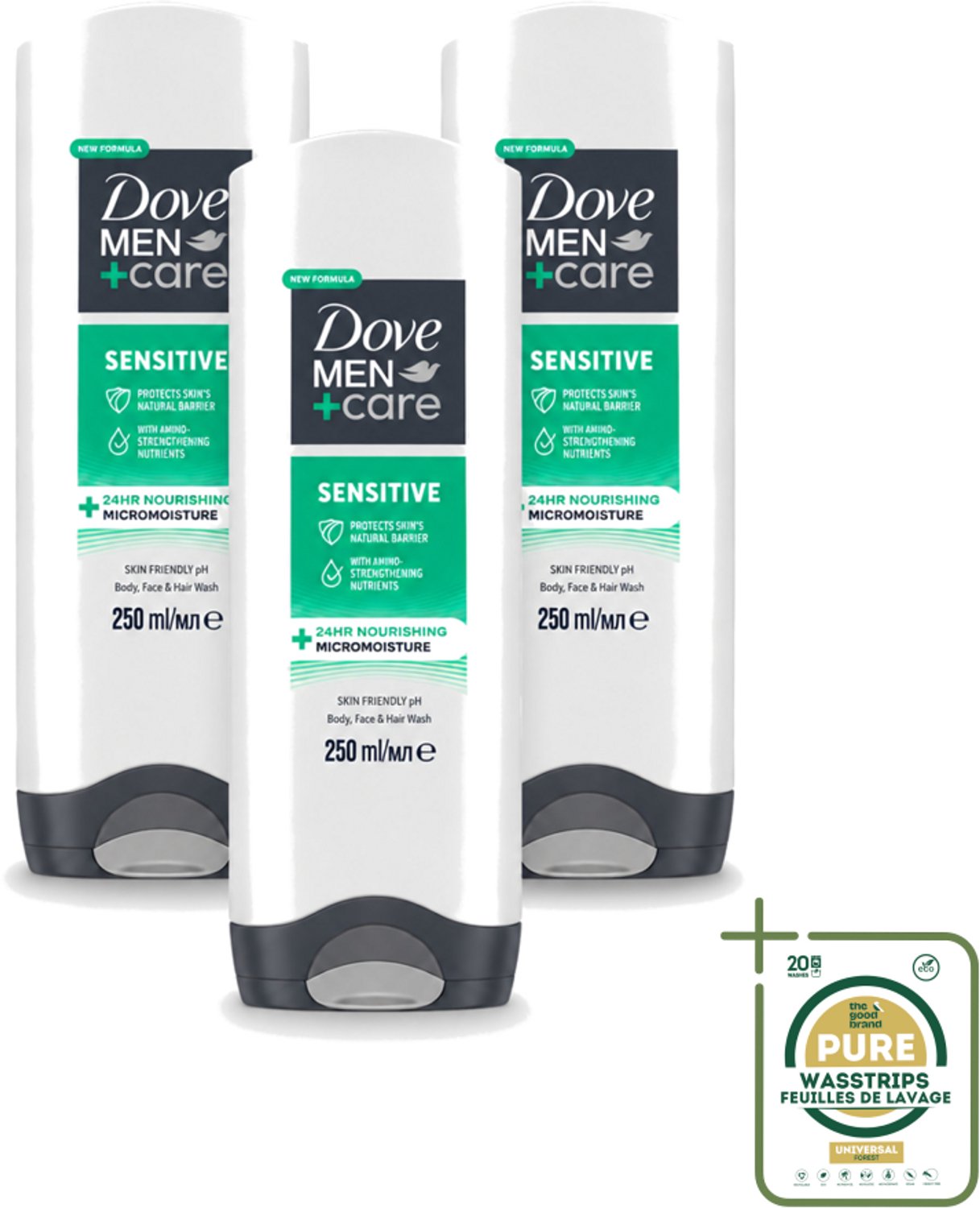 3 x Dove Men+Care - Sensitive - Douchegel 3-in-1 - Verzorgend - 250 ml - Wasstrips - Gevoelige Huid - Lichaamsgel - Gezichtsgel - Haarverzorging - Milde Reiniging