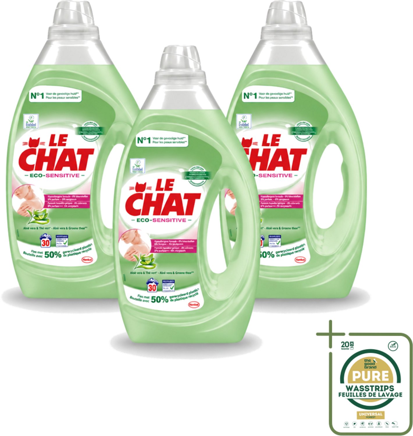 3 x Le Chat Eco-Sensitive - Vloeibaar Wasmiddel - Witte en Gekleurde Was - Aloë Vera & Groene Thee - 30 Wasbeurten - Wasstrips - Eco-gevoelig Wasmiddel - Gevoelige Huid - Wasmiddel Gel - Duurzame Was - Wasmiddel Voor Gekleurde Was