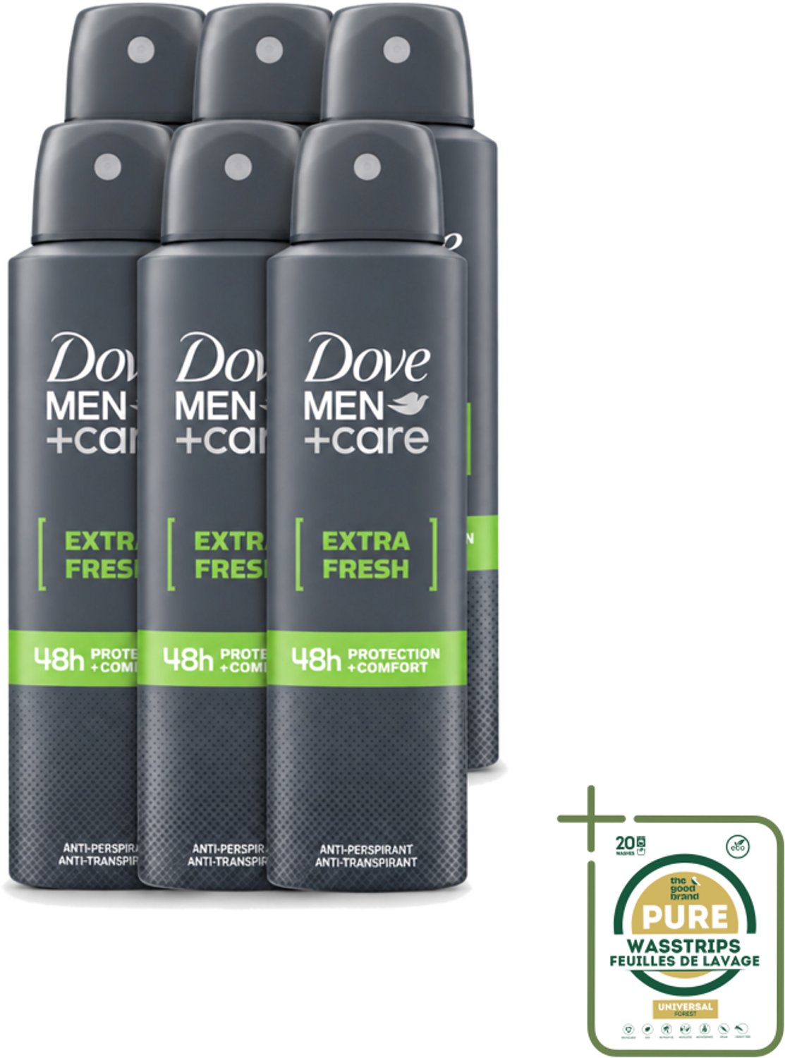 6 x Dove Men+Care - Extra Fresh - Deospray - Anti-Transpirant - 150 ml - Wasstrips - Dove Men+Care Extra Fresh Deospray - Deospray Voor Mannen - Alcoholvrije Deospray - Okselbescherming - Transpiratiebescherming