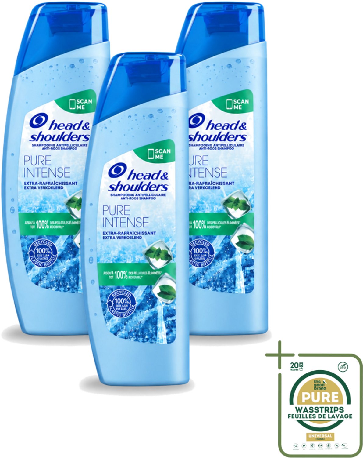 3 x Head & Shoulders - Anti-Roos Shampoo - Pure Intense - Extra Verkoelend - 250 ml - Wasstrips - Roosvrij Haar - Roosbestrijding - Verkoelend Shampoo - Menthol Shampoo - Frisse Geur