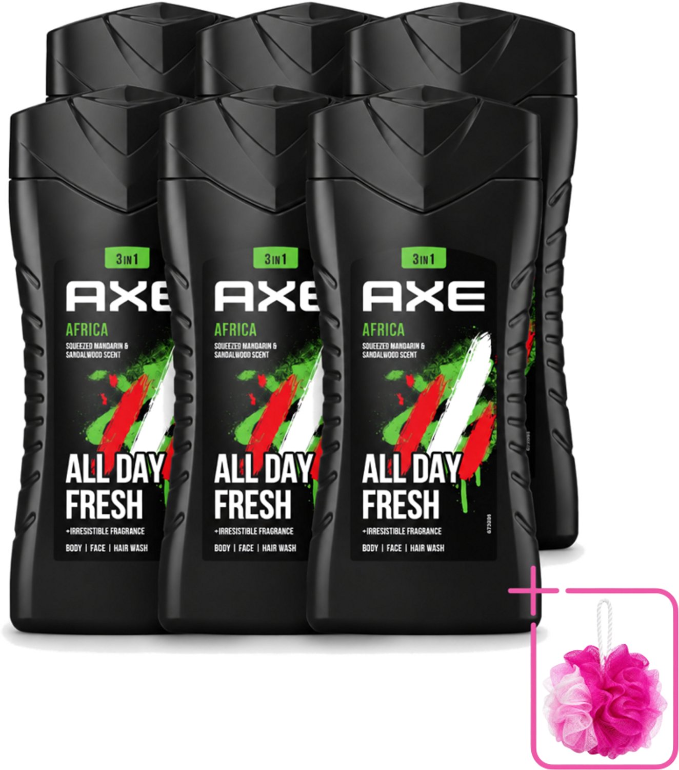6 x Axe - 3-in-1 Douchegel - Africa - Squeezed Mandarin & Sandalwood - 12hrs Long Lasting Scent - 250 ml - Bulkverpakking - Douchegel - Douchemop - Geur mandarijn en sandelhout