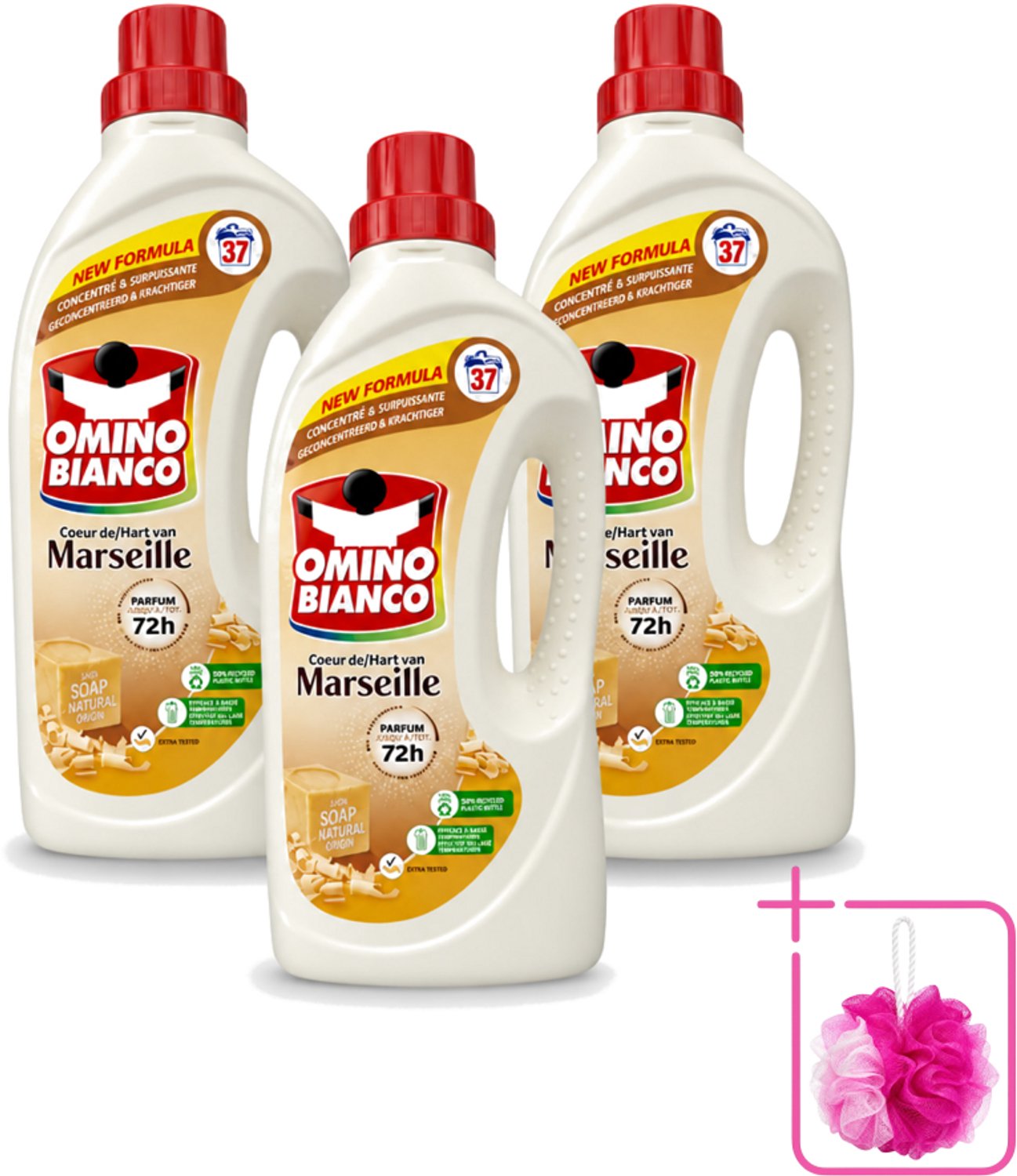 3 x Omino Bianco - Marseille - Wasmiddel - Natuurlijke Zeep - Witte & Gekleurde Was - 37 Wasbeurten - Bulkverpakking - Marseille-zeep - Douchemop - Natuurlijke zeep