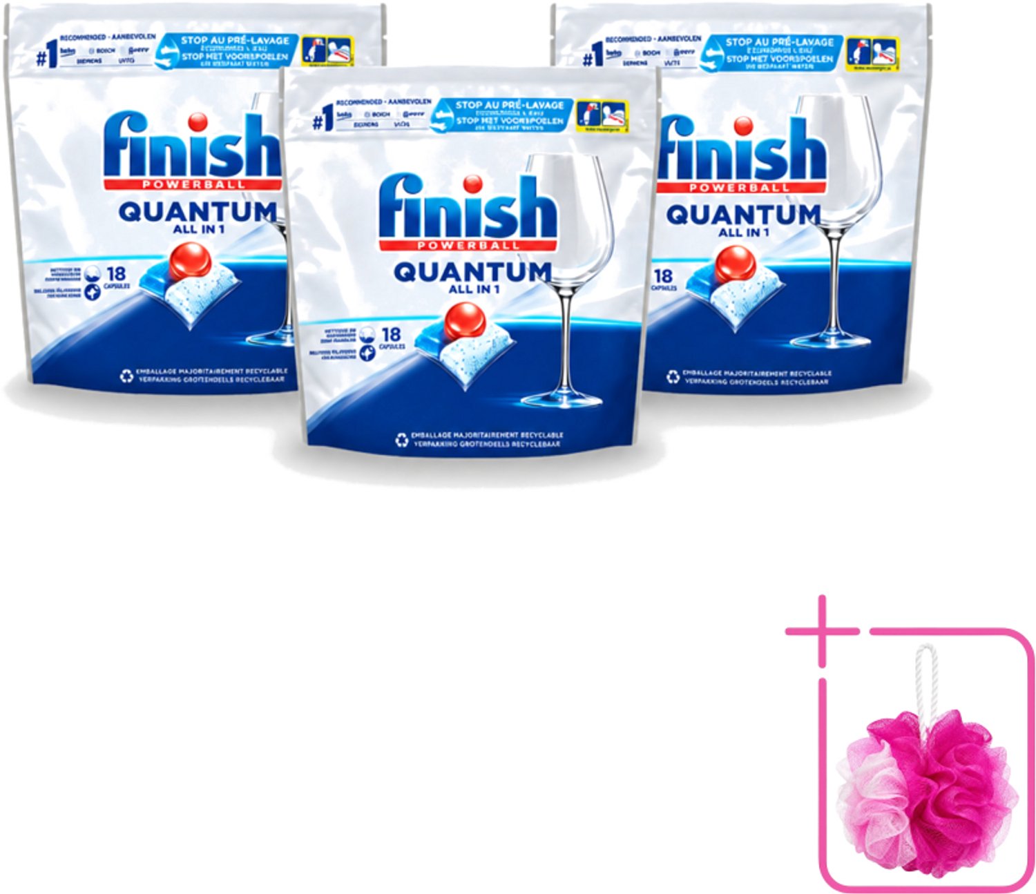 3 x Finish Powerball - Quantum All in 1 - Vaatwastabletten - Stralende Glans - 18 Tabletten - Bulkverpakking - Vaatwasmiddel - Douchemop - Vaatwastablet