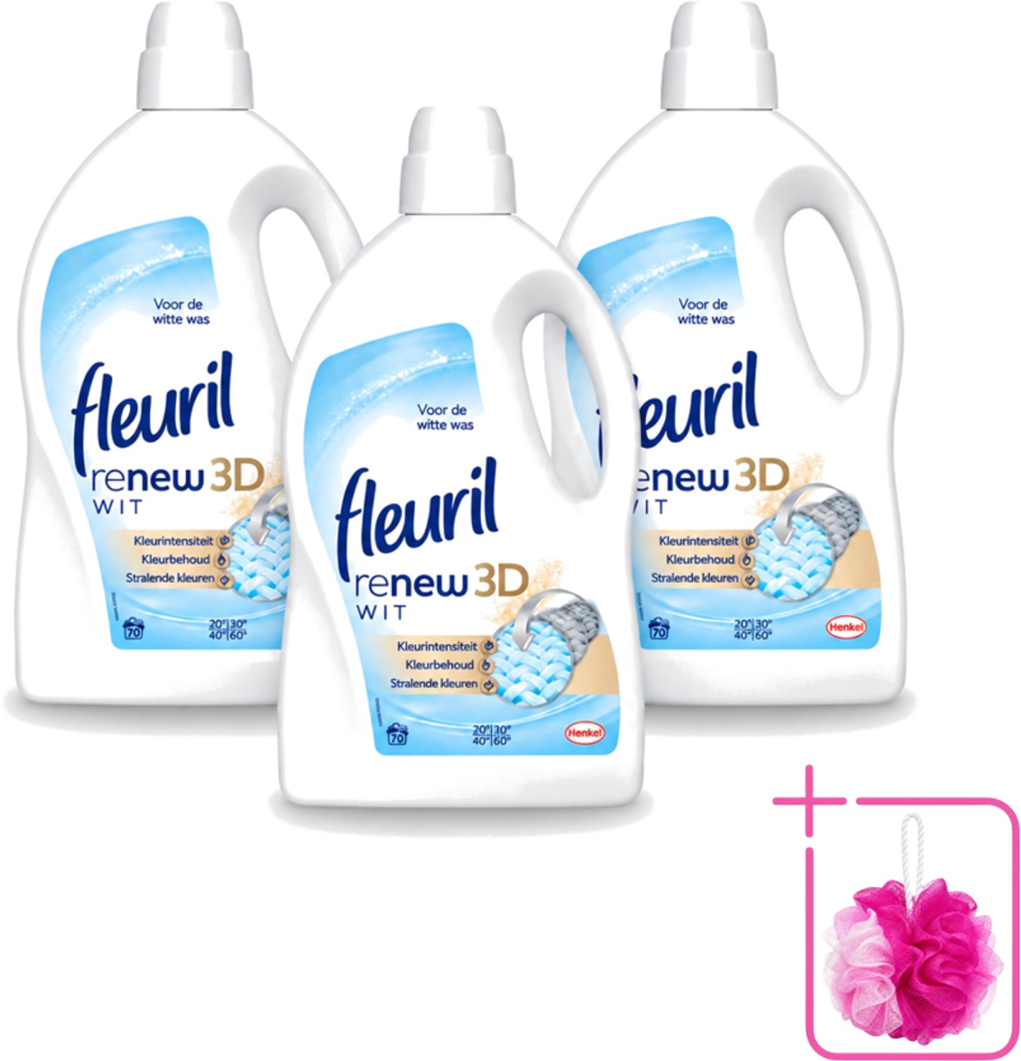 3 x Fleuril - Renew 3D - Vloeibaar Wasmiddel - Witte Was - 70 Wasbeurten - Bulkverpakking - Wasmiddel Witte Was - Douchemop - Witte Was