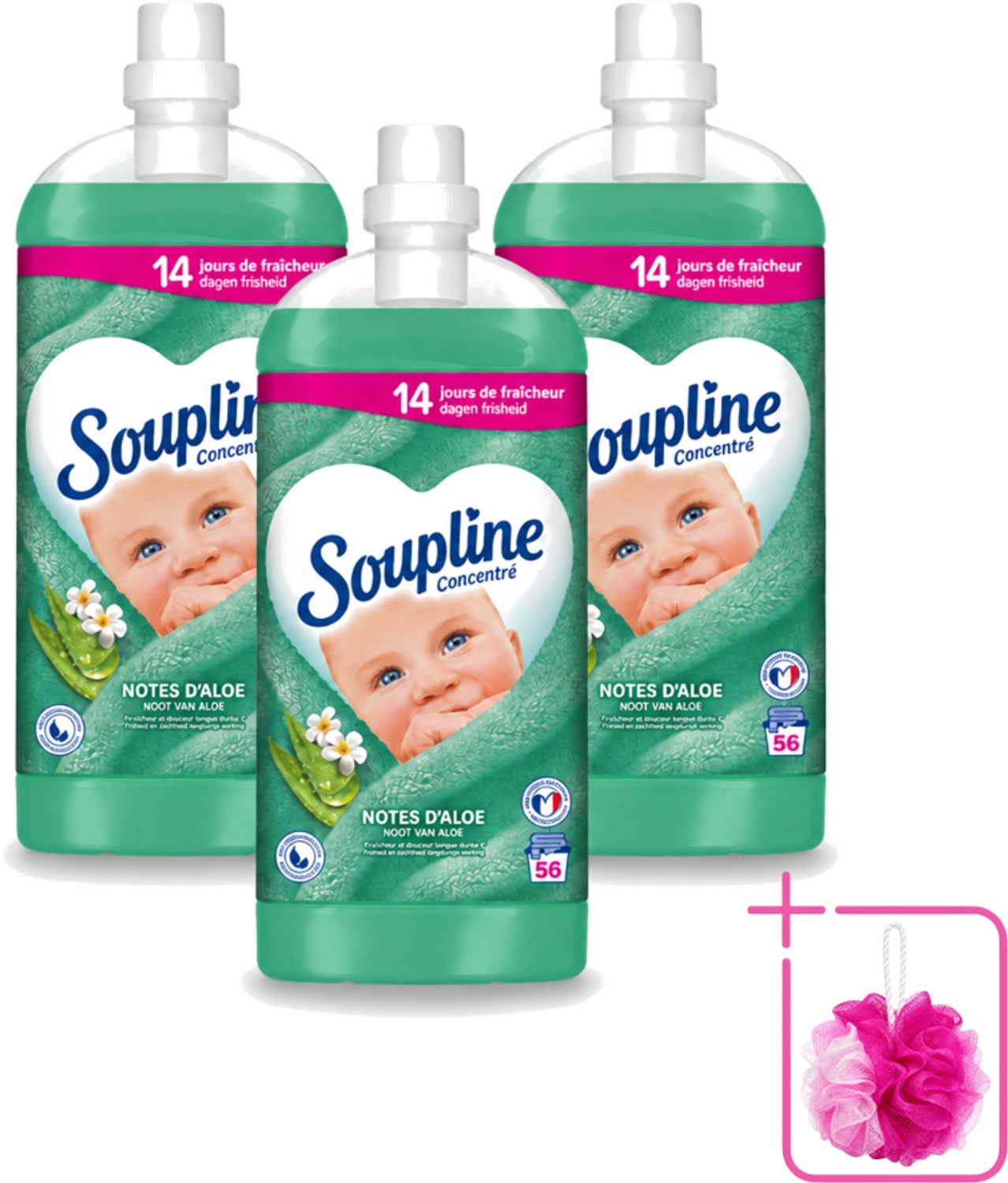3 x Soupline - Wasverzachter - Aloë Vera - 56 Wasbeurten - 1.3L - Bulkverpakking - Wasverzachter aloë vera - Douchemop - Frisse geur