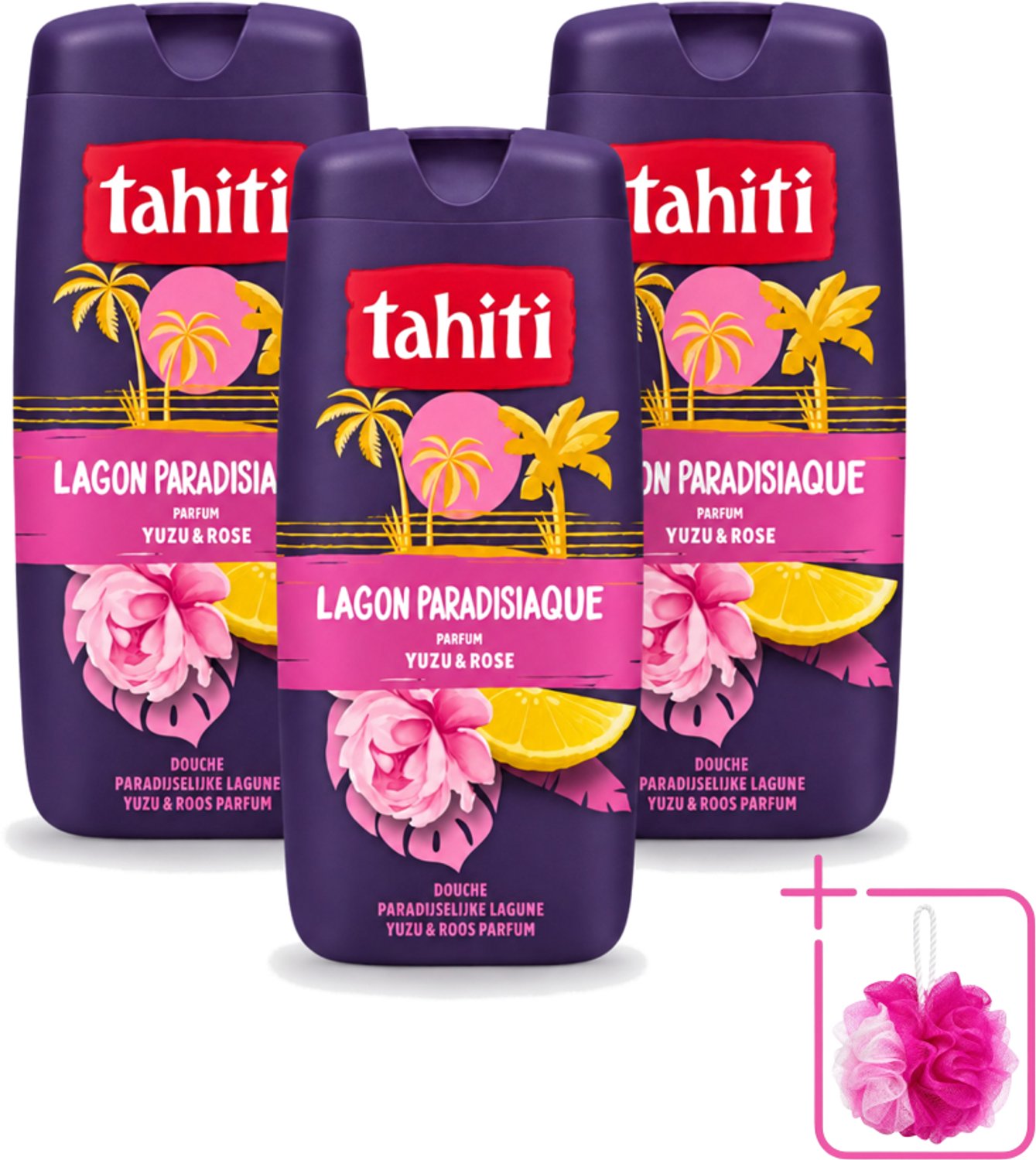 3 x Tahiti - Douchegel - Paradijselijke Lagune - Yuzu & Rose - 315 ml - Bulkverpakking - Douchegel - Douchemop - Yuzu en roos