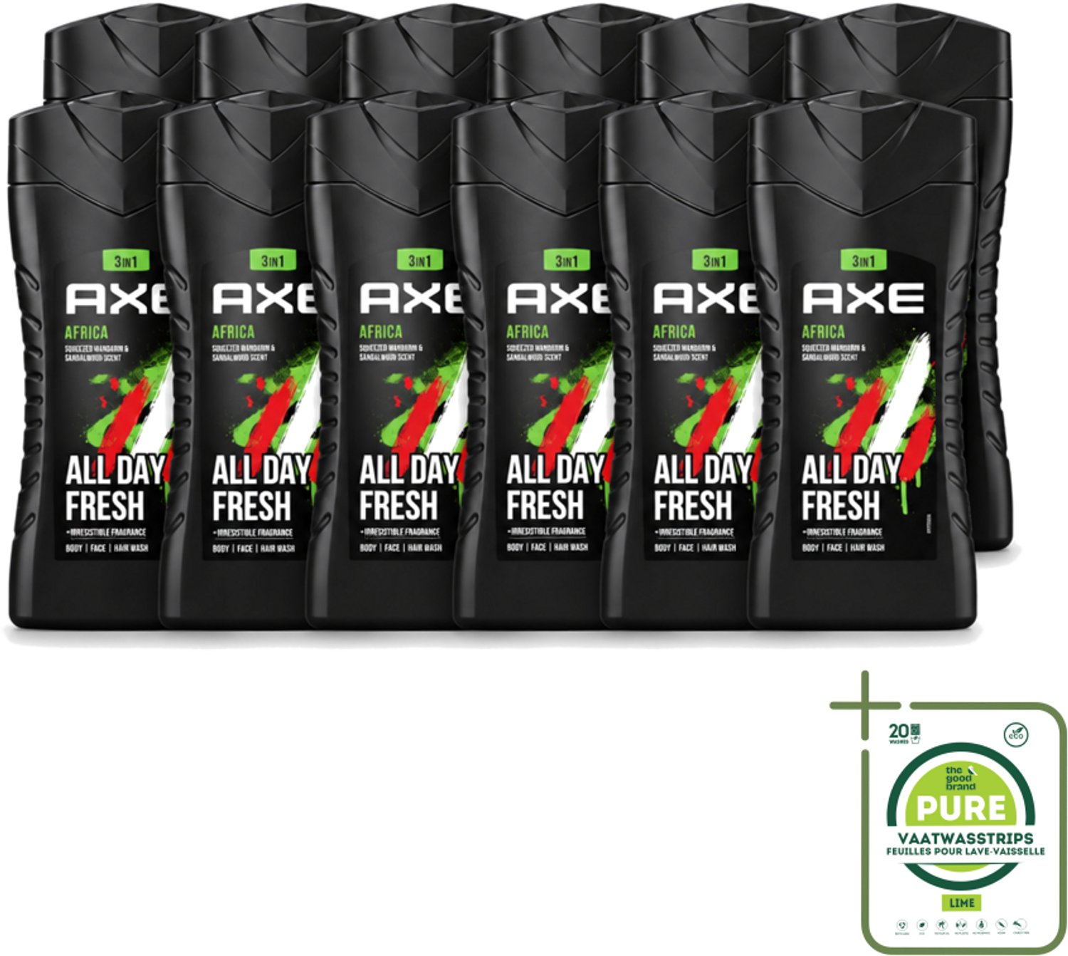 12 x Axe - 3-in-1 Douchegel - Africa - Squeezed Mandarin & Sandalwood - 12hrs Long Lasting Scent - 250 ml - Grootverpakking - Vaatwasstrips - Douchegel - Geur Mandarijn En Sandelhout - 3-in-1 - Lichaam - Gezicht