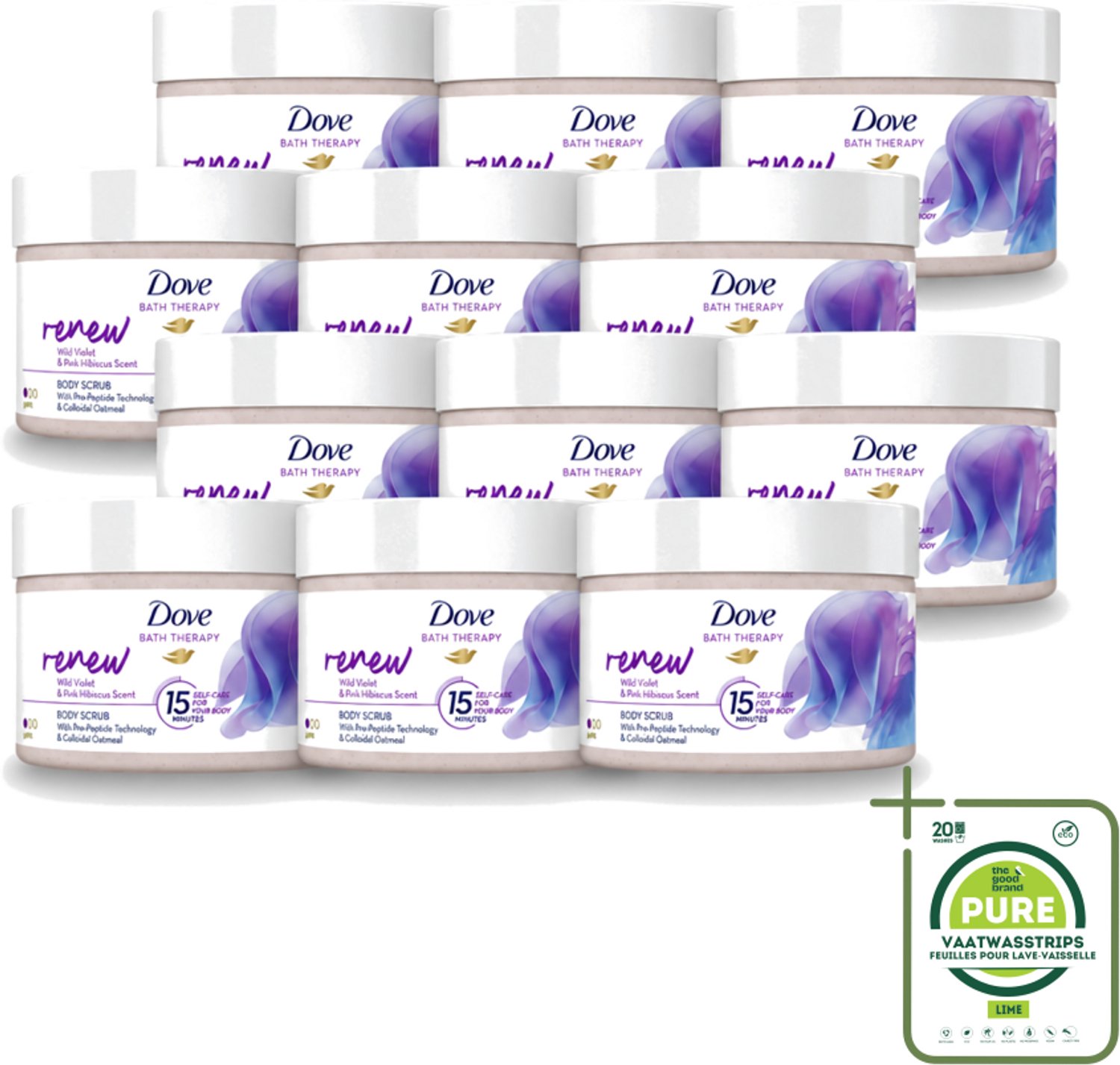 12 x Dove Bath Therapy Renew - Bodyscrub - Wilde Viooltjes & Roze Hibiscus - 295 ml - Grootverpakking - Vaatwasstrips - Huidvernieuwing - Huidscrub - Exfoliatie - Zachte Huid - Huidverzorging