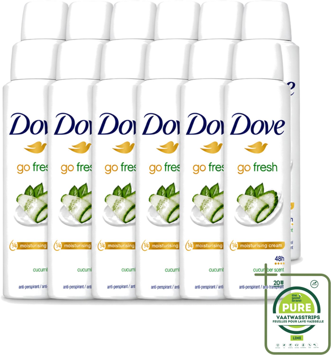 12 x Dove Go Fresh - Deospray - Komkommer - 150 ml - Grootverpakking - Vaatwasstrips - Dove Go Fresh Deospray - Komkommer - Geur - Deodorant - Transpiratie