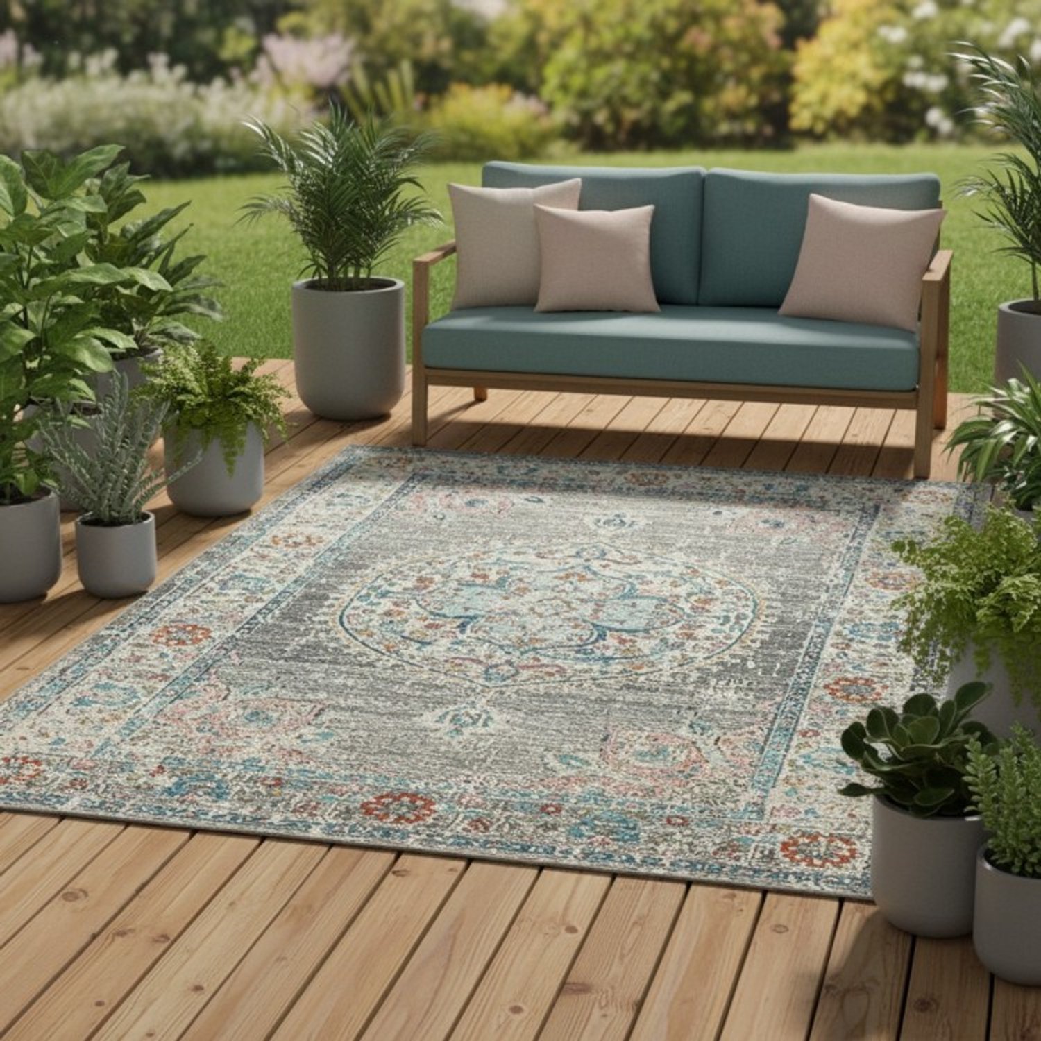TapisTrend Designer tapijt Grijs 80x300 cm Vintage oosters binnen-/buitenkleed met bloemenmedaillon voor woonkamer, terras en balkon