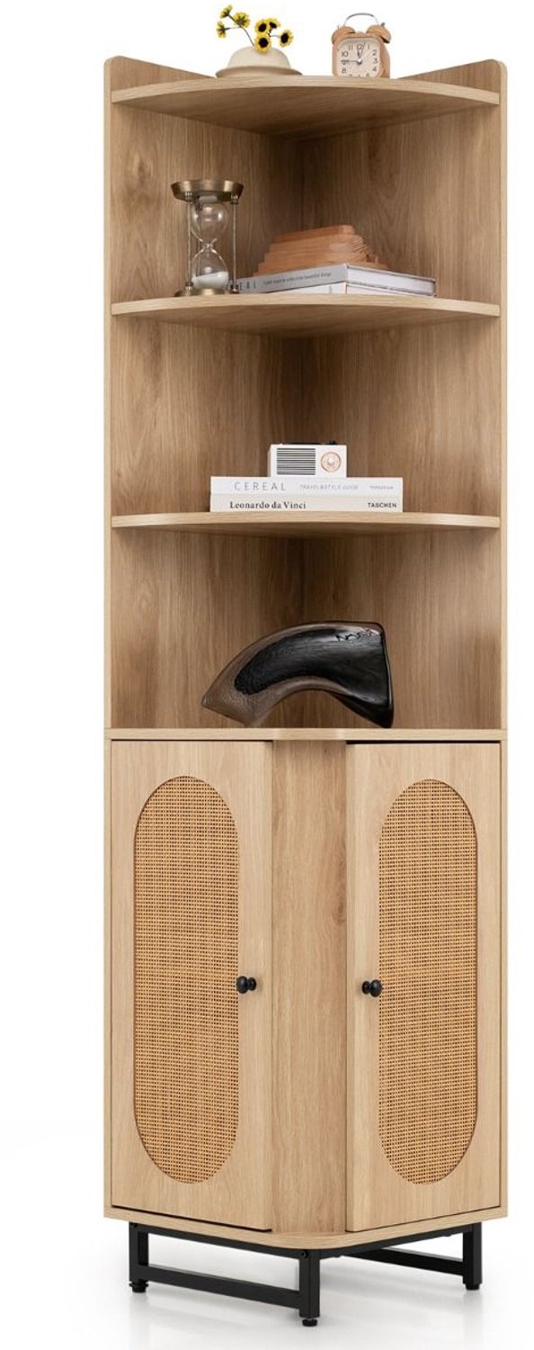 SureDeal® - Opbergrek - Hoek Boekenkast Rotan - Deuren - Open Planken Ruimtebesparende - 40x40x172 cm - Naturel
