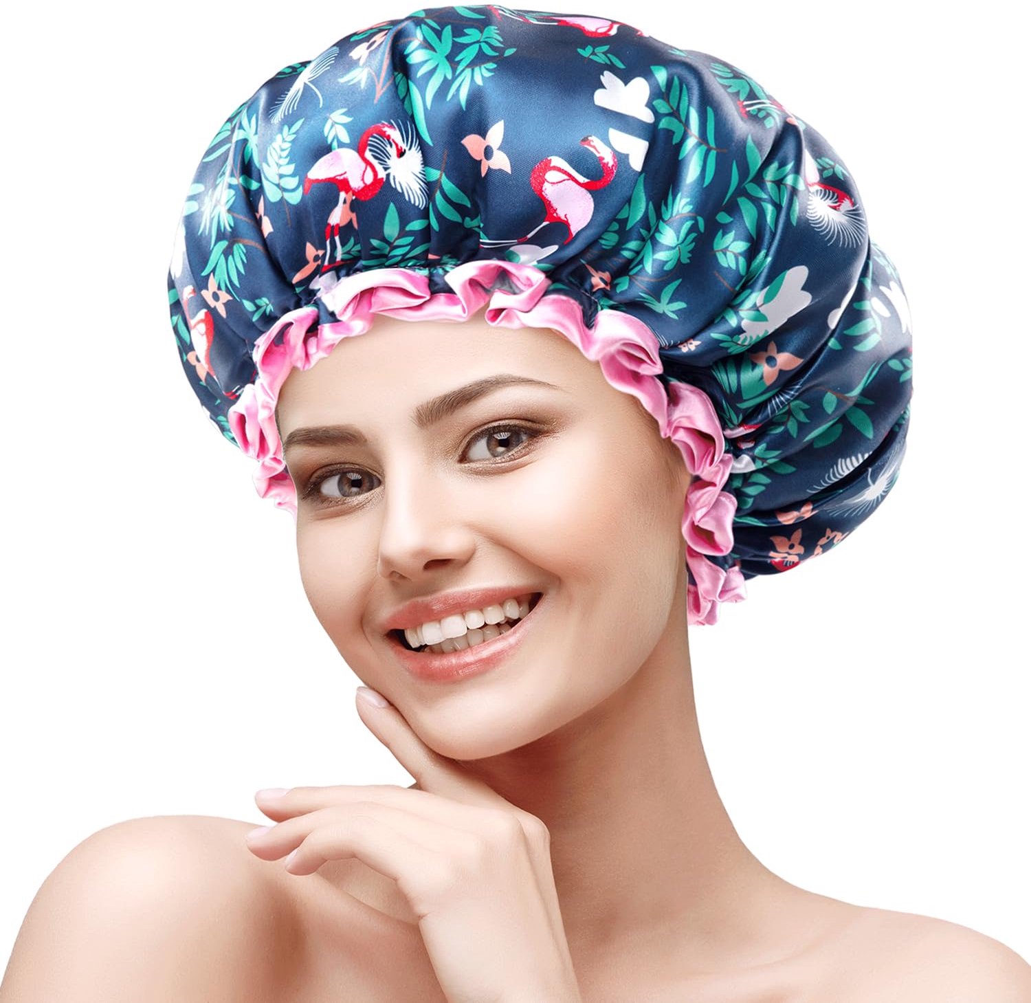 mikimini medium douchemuts voor meisjes en vrouwen, flamingo douchemuts met roze kant, herbruikbare waterdichte baddouchehoed voor meisjes