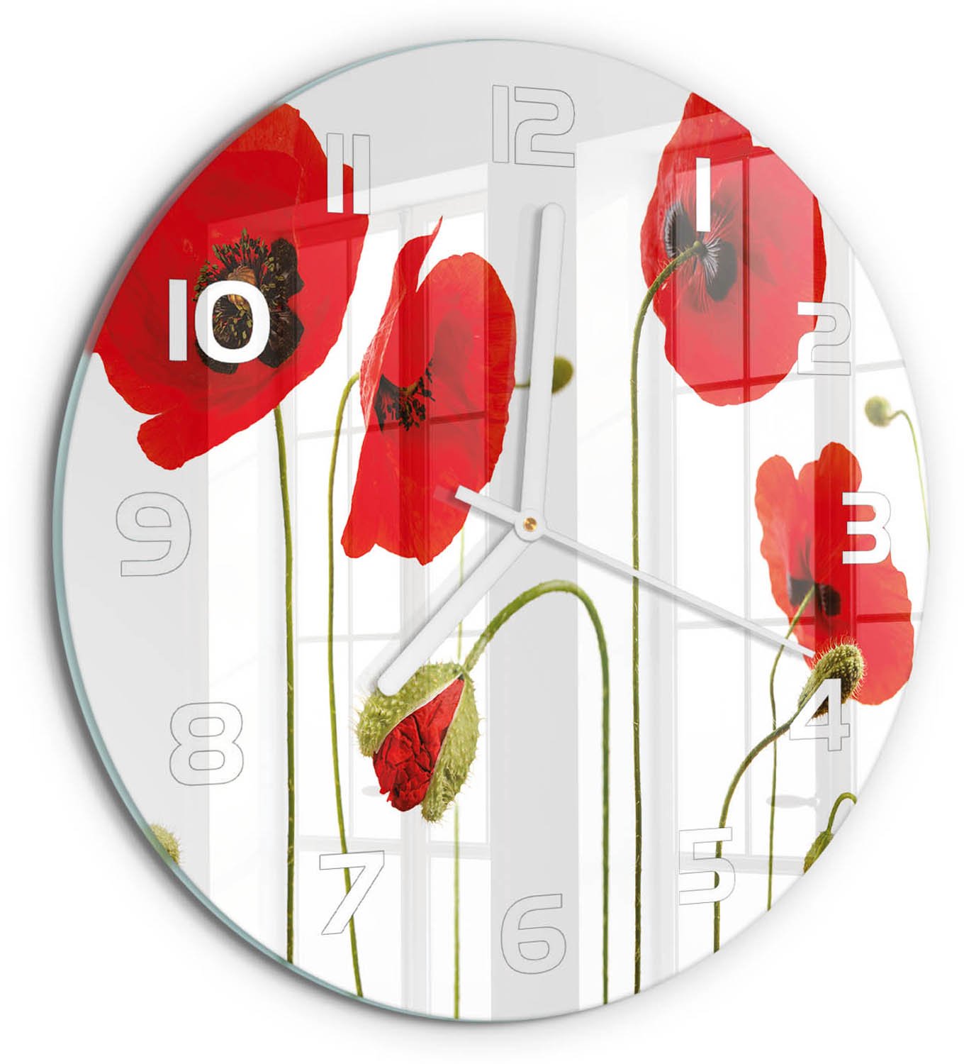 TULUP Wandklok - Klaprozen Decoratieve Glazen Klok - fi30 cm - Rood Glazen Wandklok Design - Witte handen - Ronde Klok - Glazen Klok Met Print - Wandklok Glas Met Motief