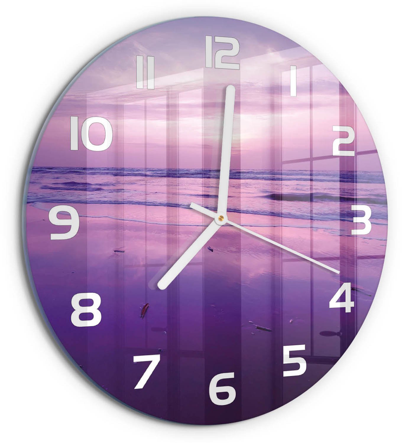 TULUP Wandklok - Zonsondergang Zee Wandklok Glas Met Motief - fi30 cm - Paars Decoratieve Glazen Klok - Witte handen - Ronde Klok - Gekleurde Glazen Klok - Glazen Klok Met Print