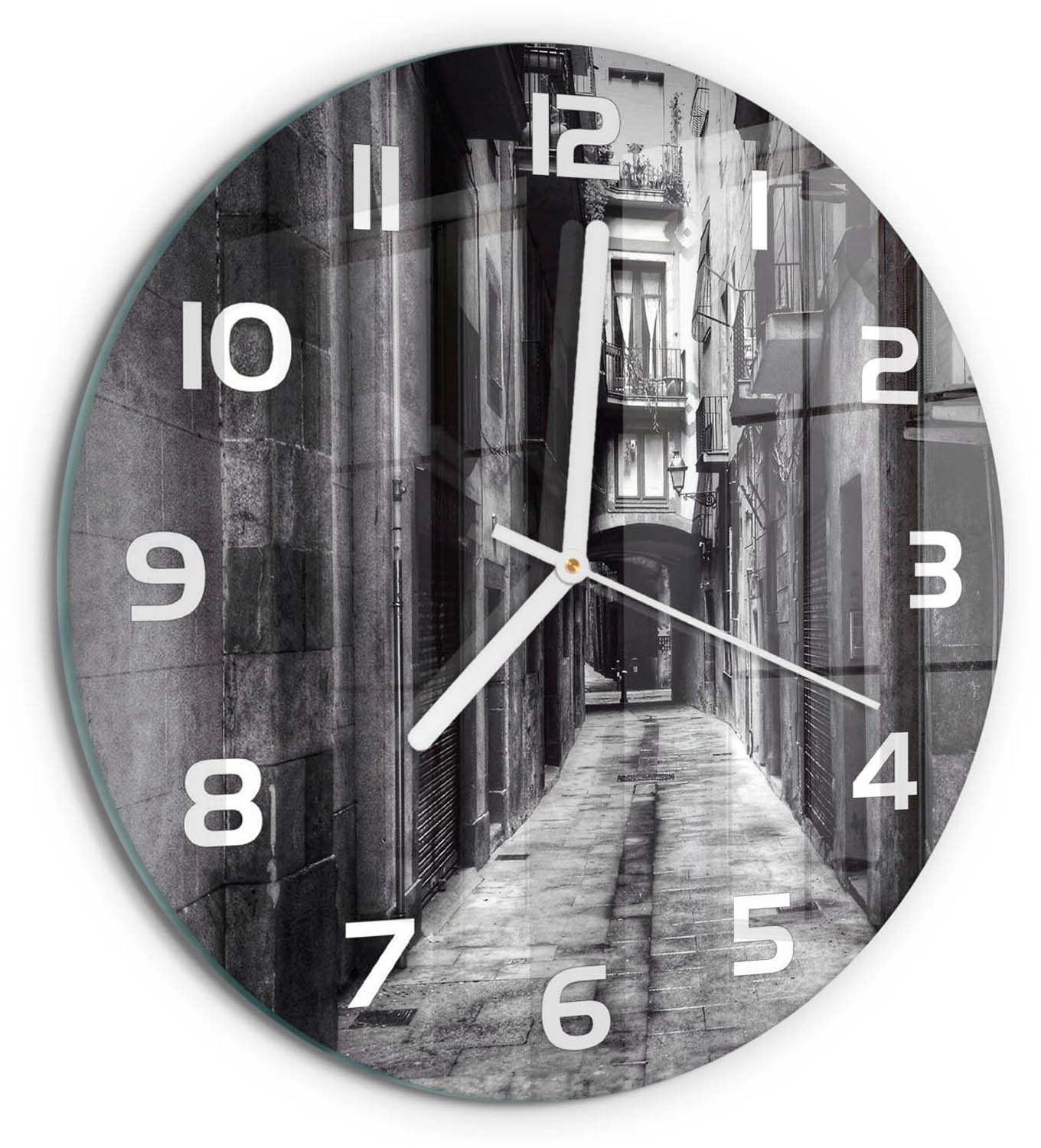 TULUP Wandklok - Barcelona, ​​Spanje Decoratieve Glazen Klok - fi30 cm - Zwart-wit Glazen Wandklok Design - Witte handen - Ronde Klok - Glazen Klok Met Print - Wandklok Glas Met Motief