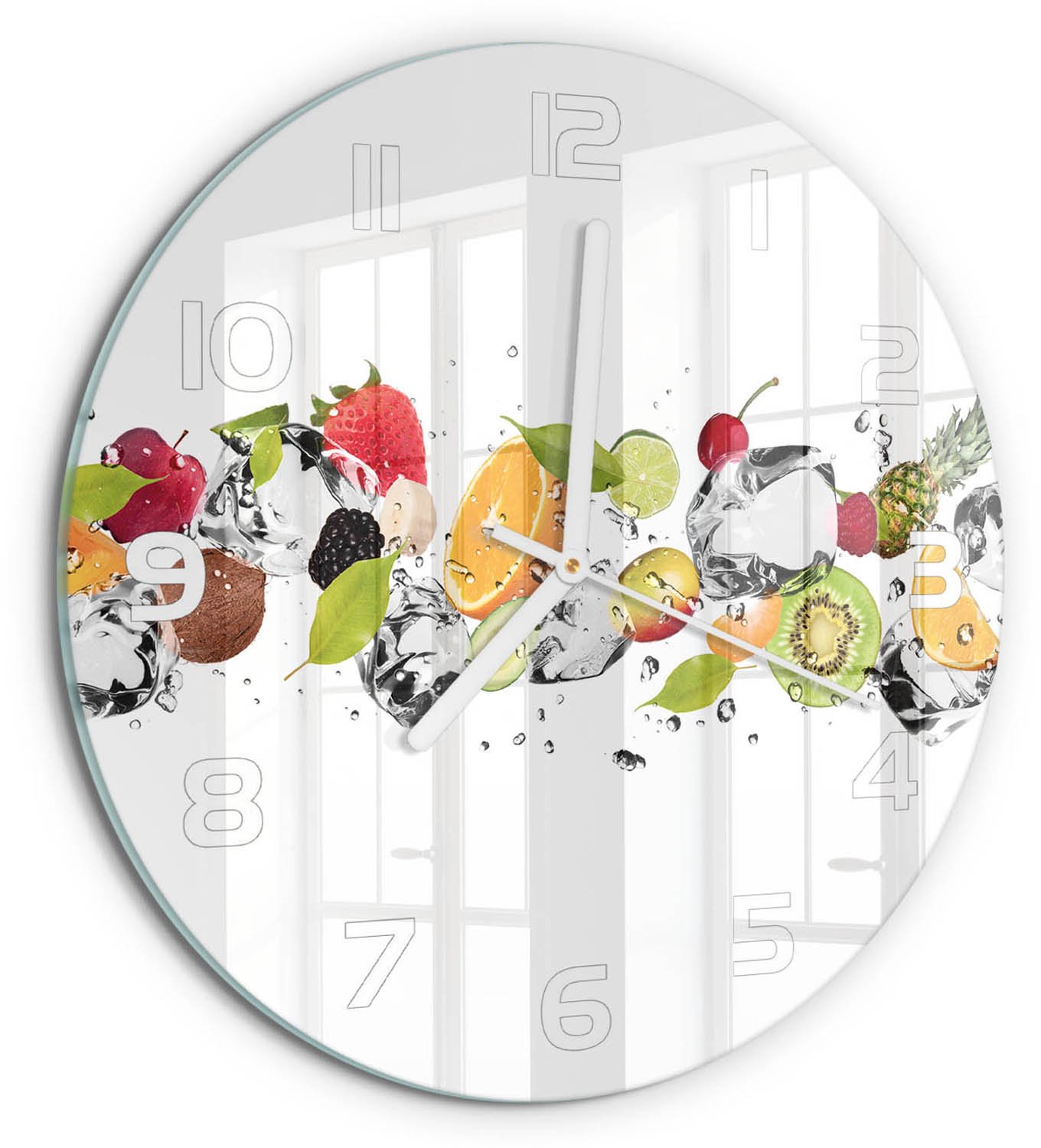 TULUP Wandklok - Fruit en water Decoratieve Glazen Klok - fi30 cm - Veelkleurig Glazen Wandklok Design - Witte handen - Ronde Klok - Glazen Klok Met Print - Wandklok Glas Met Motief