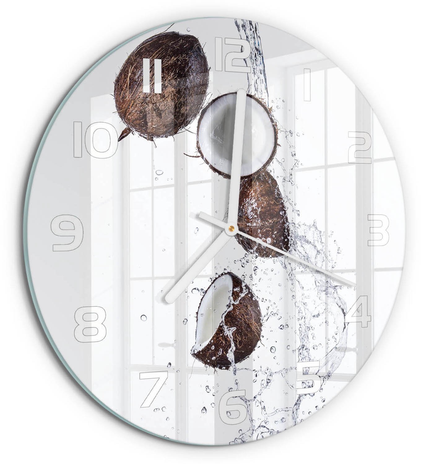 TULUP Wandklok - Kokosnoot met water Decoratieve Glazen Klok - fi30 cm - Bruin Glazen Wandklok Design - Witte handen - Ronde Klok - Glazen Klok Met Print - Wandklok Glas Met Motief