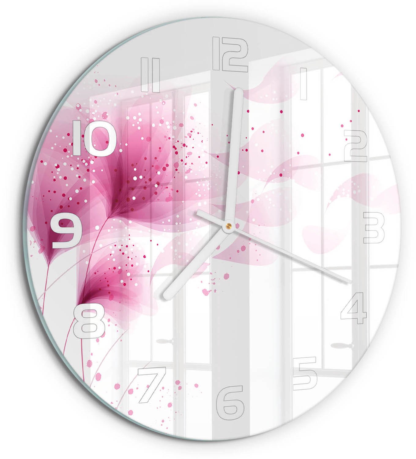 TULUP Wandklok - Roze bloem Klok Glas Met Opdruk - fi30 cm - Roze Moderne Wandklok Glas - Witte handen - Ronde Klok - Decoratieve Glazen Klok - Glazen Wandklok Design