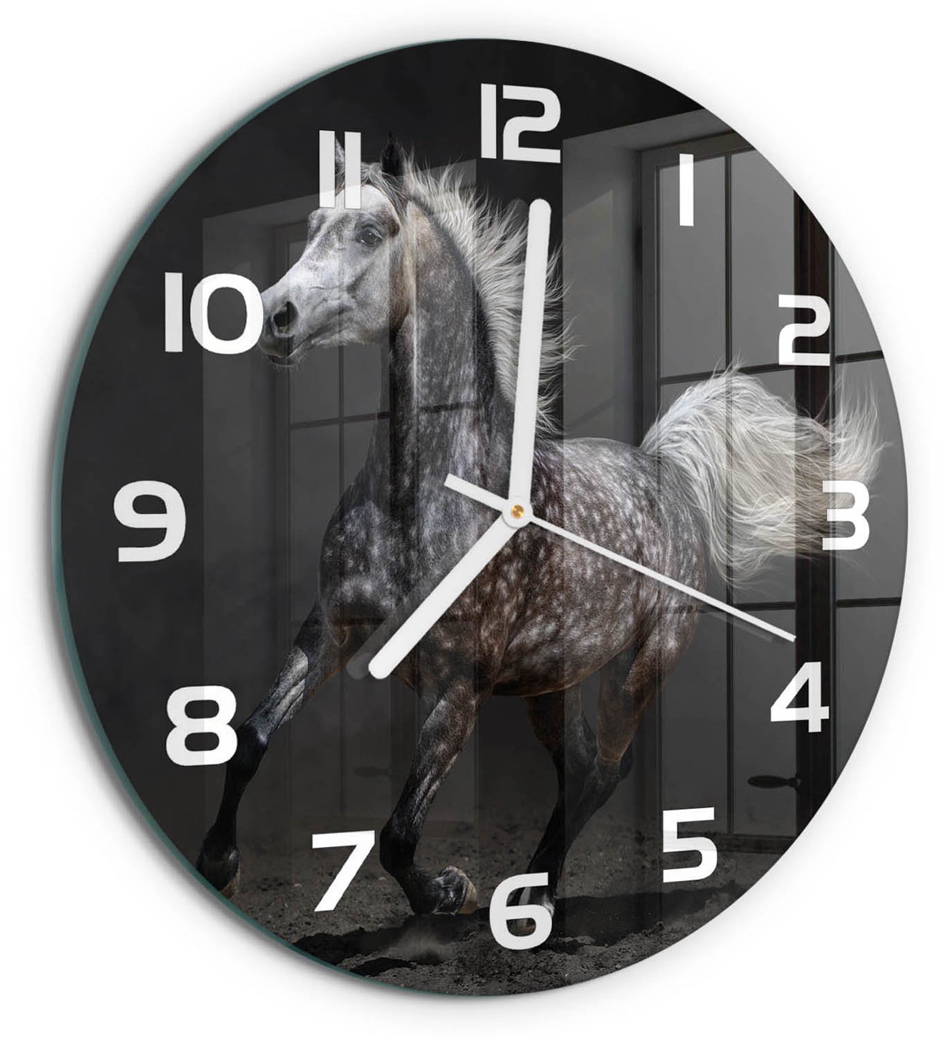 TULUP Wandklok - Grijze Arabische Paard Decoratieve Glazen Klok - fi30 cm - Zwart Glazen Wandklok Design - Witte handen - Ronde Klok - Glazen Klok Met Print - Wandklok Glas Met Motief