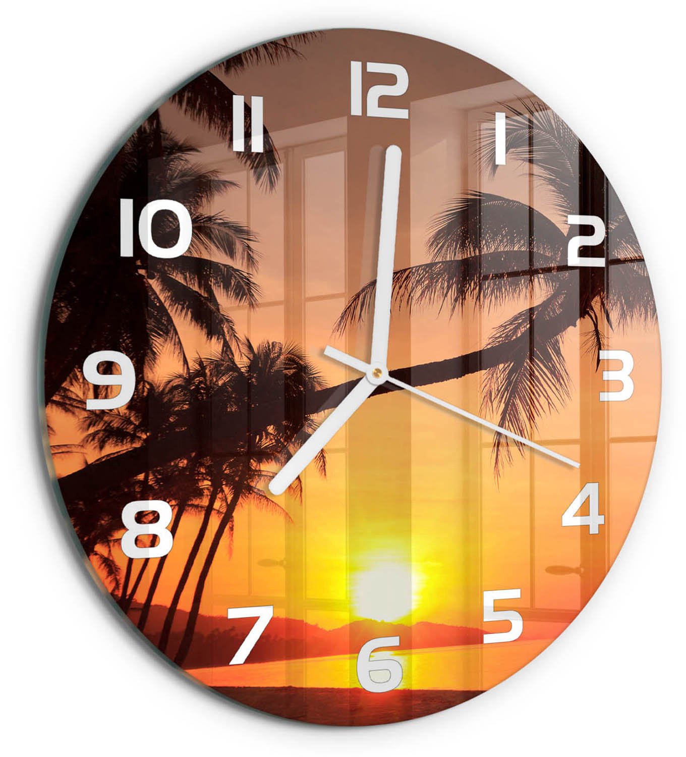 TULUP Wandklok - Zonsondergangstrand Moderne Wandklok Glas - fi30 cm - Oranje Wandklok Glas Decoratie - Witte handen - Ronde Klok - Glazen Wandklok Design - Klok Glas Met Opdruk